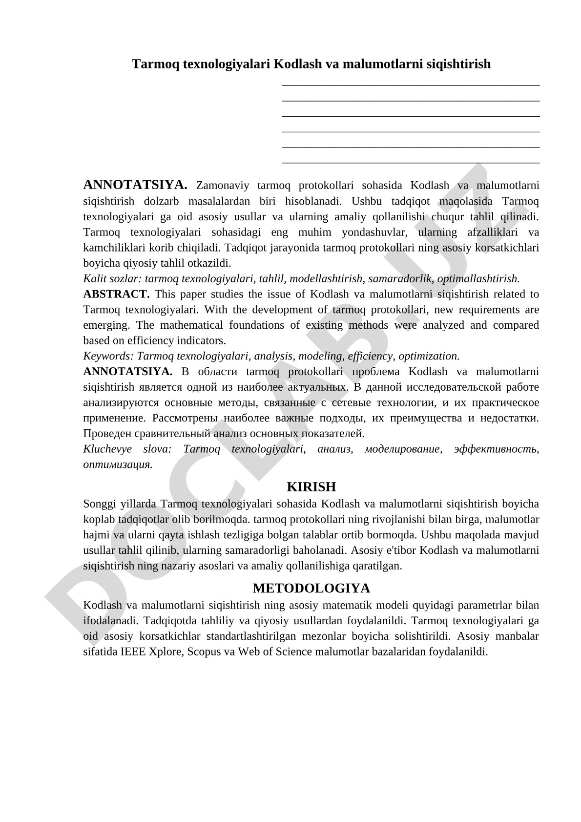 Tarmoq texnologiyalari Kodlash va malumotlarni siqishtirish