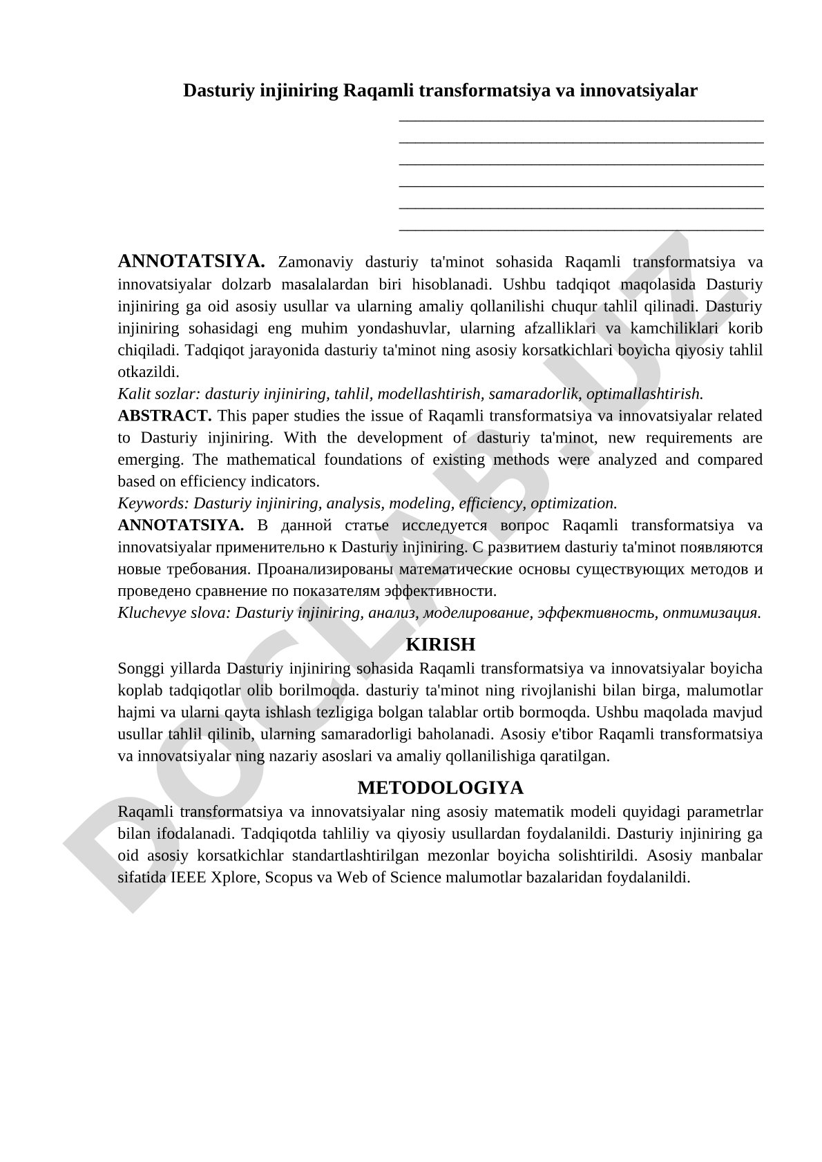 Dasturiy injiniring Raqamli transformatsiya va innovatsiyalar