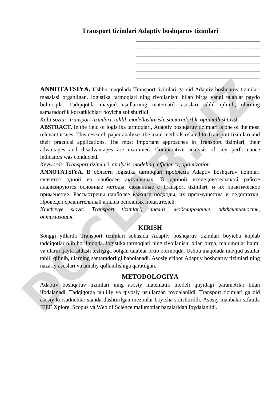 Transport tizimlari Adaptiv boshqaruv tizimlari