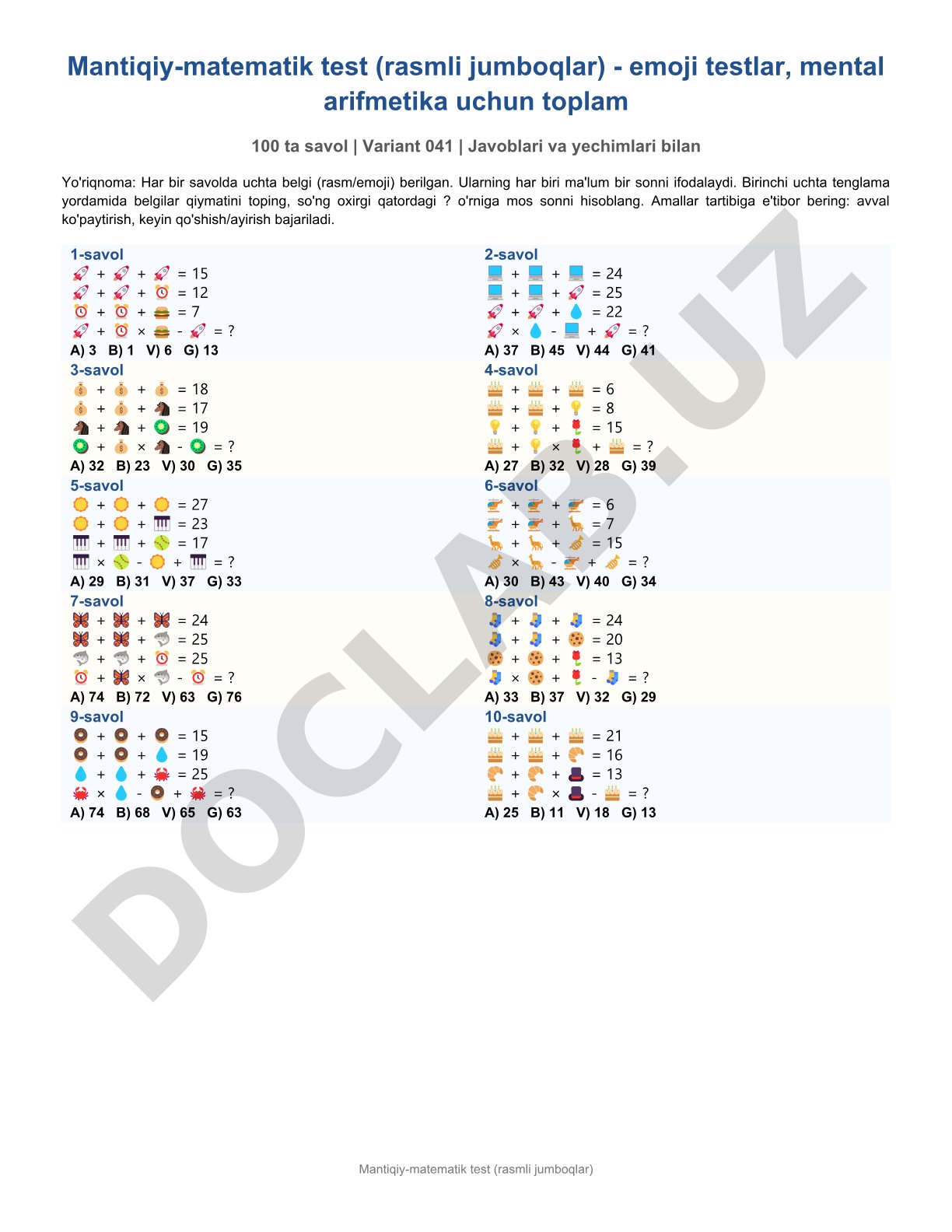 Mantiqiy-matematik test (rasmli jumboqlar)