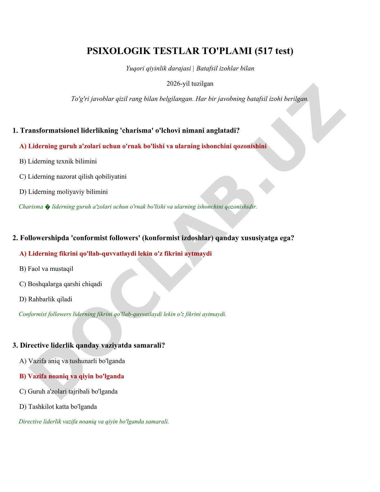 Psixologik testlar to'plami (517 test) - yuqori qiyinlik darajasi