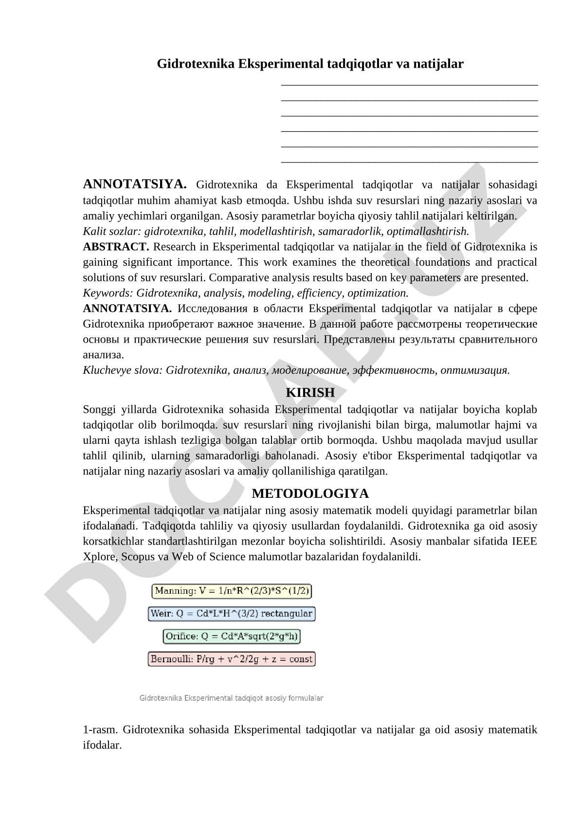 Gidrotexnika Eksperimental tadqiqotlar va natijalar