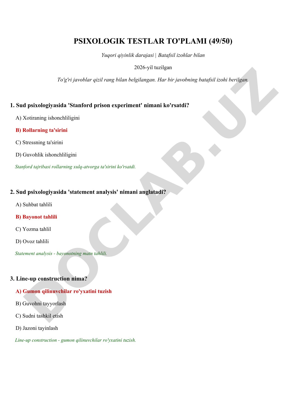 Sud psixologiyasiga oid testlar