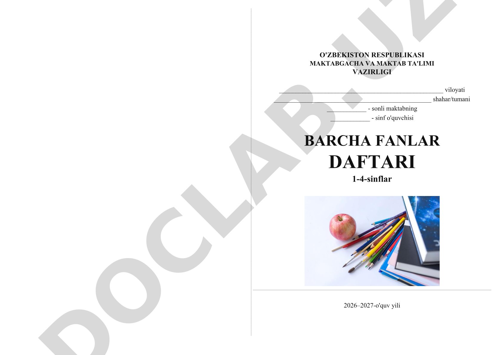 Barcha fanlar daftari 1-4-sinflar 2026–2027-o'quv yili