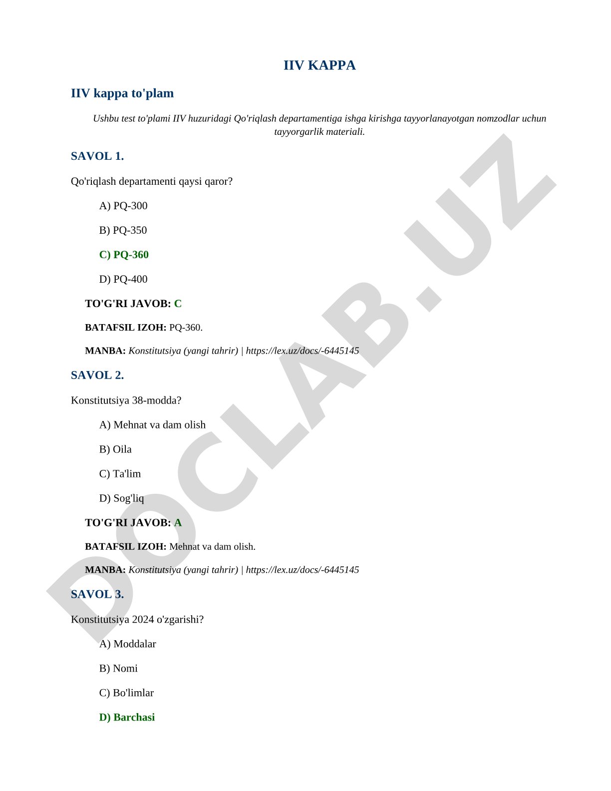 IIV Qo'riqlash departamenti test savollari to'plami