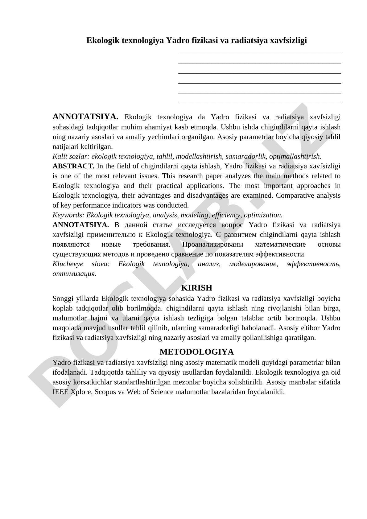 Ekologik texnologiya va yadro fizikasi radiatsiya xavfsizligi
