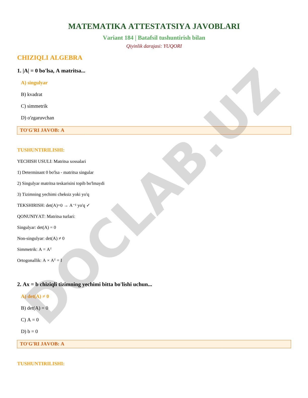 Matematika attestatsiya javoblari (Variant 184)