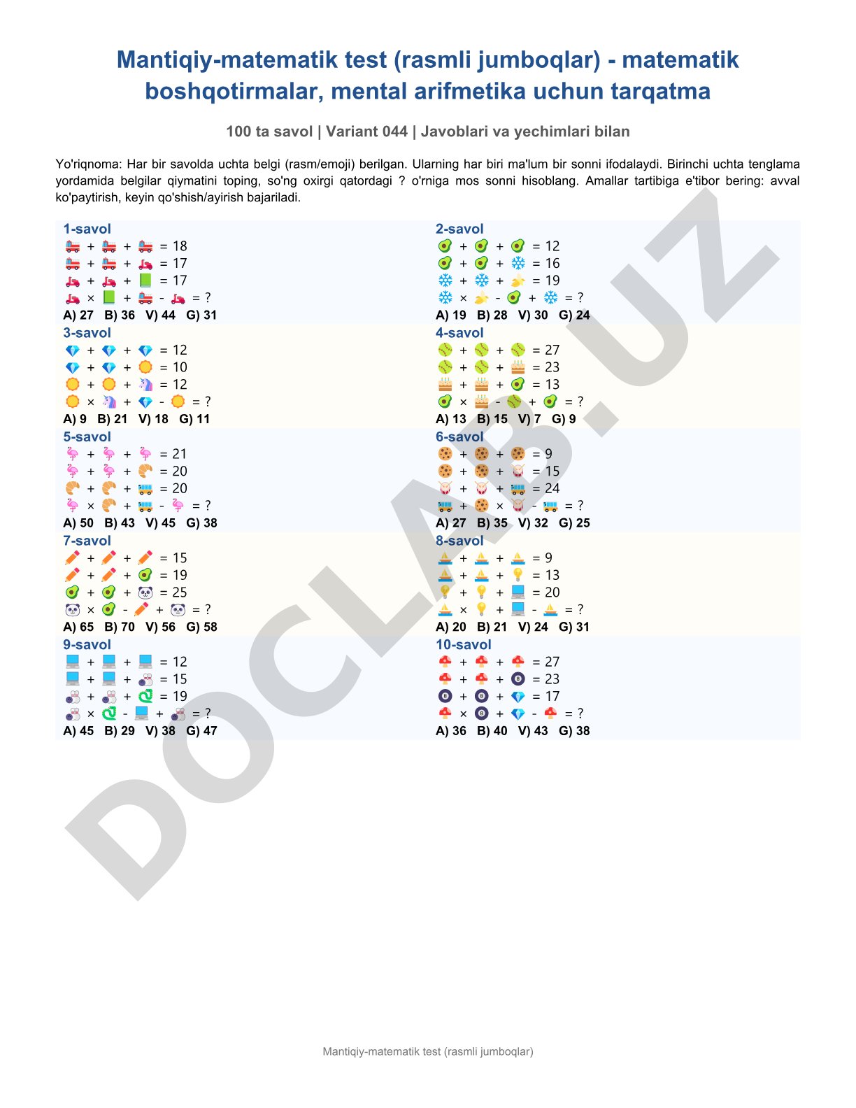 Mantiqiy-matematik test (rasmli jumboqlar)