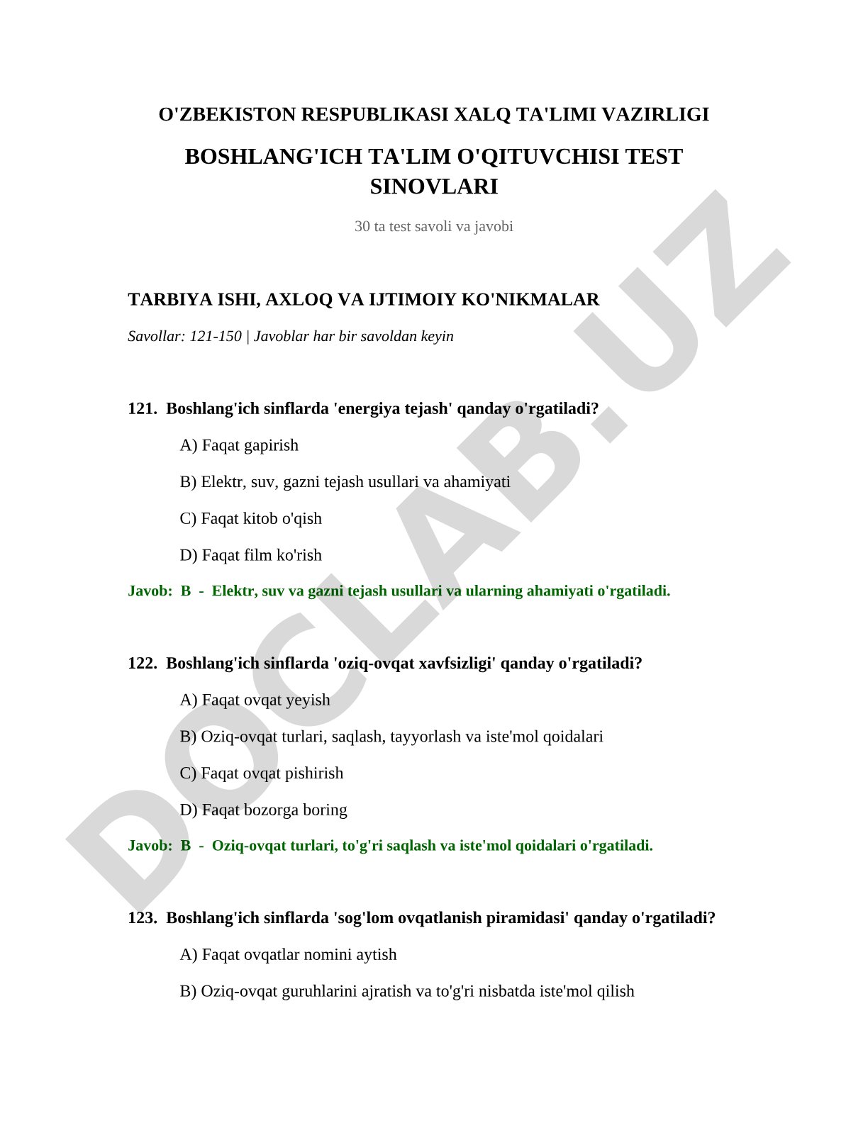 Boshlang'ich sinflarda tarbiya ishi, axloq va ijtimoiy ko'nikmalar test savollari