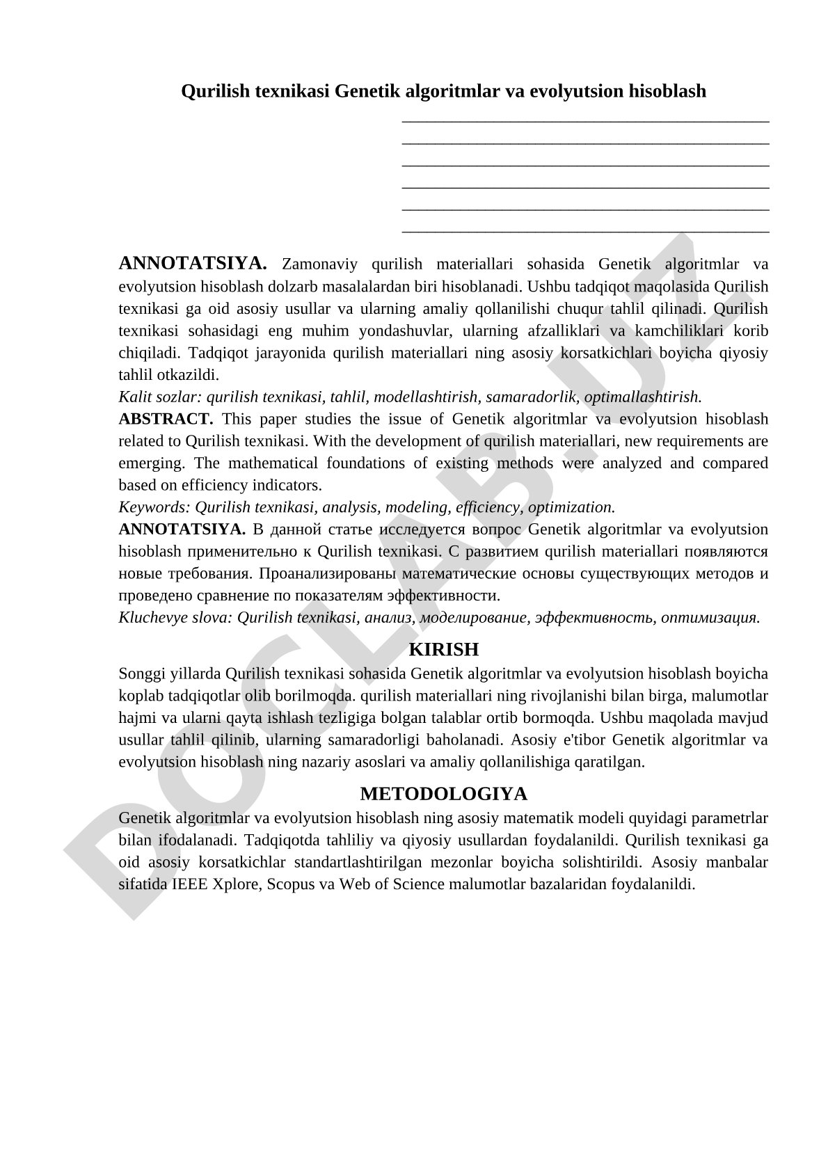 Qurilish texnikasi Genetik algoritmlar va evolyutsion hisoblash