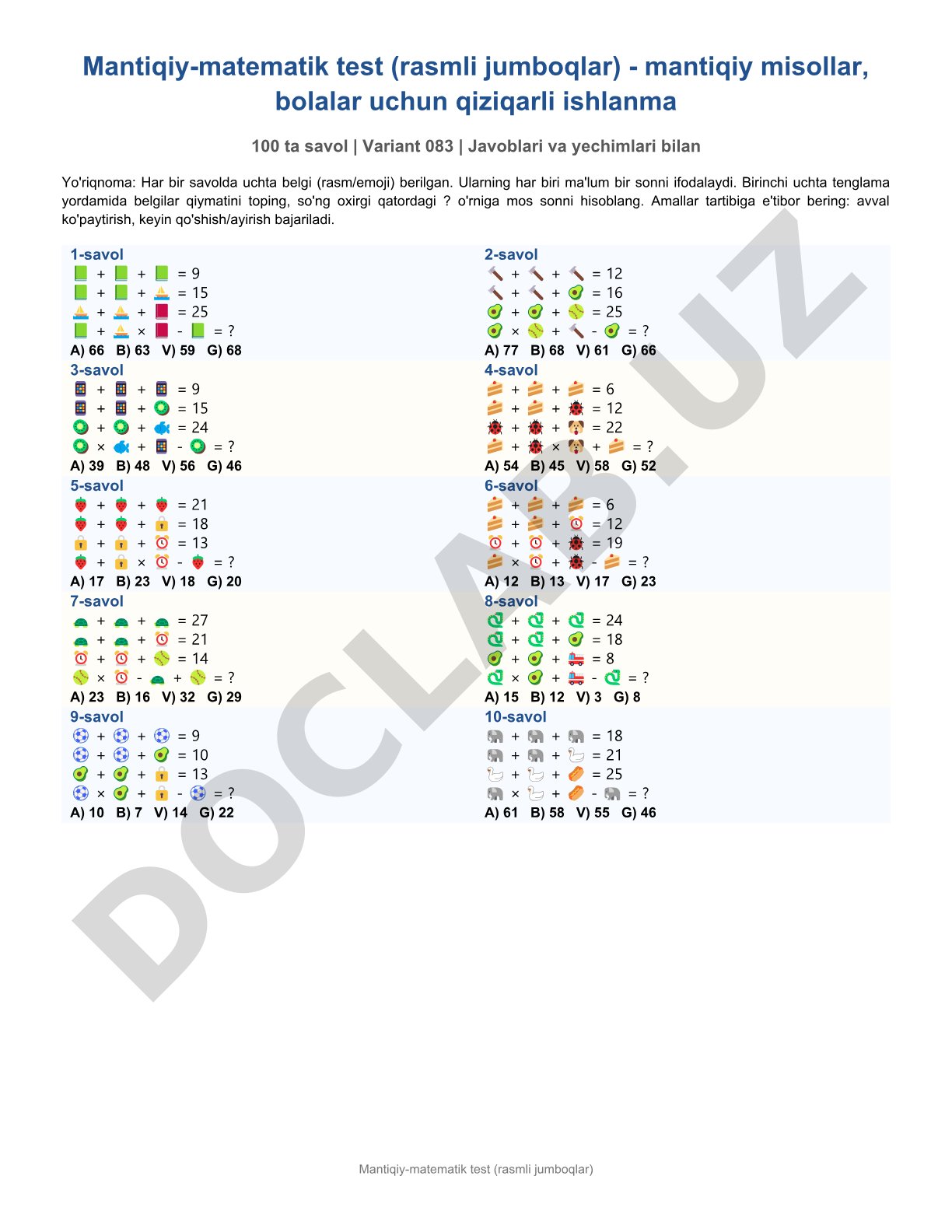 Mantiqiy-matematik test (rasmli jumboqlar)