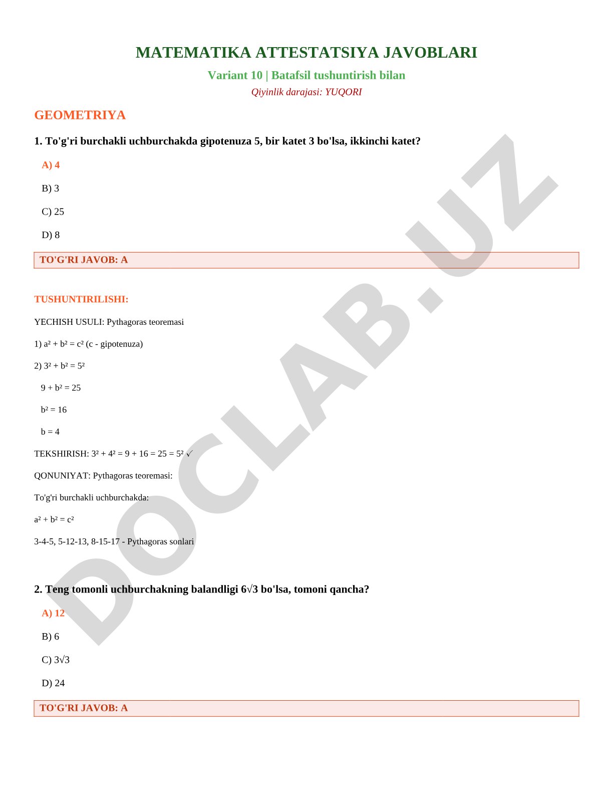 MATEMATIKA ATTESTATSIYA JAVOBLARI Variant 10
