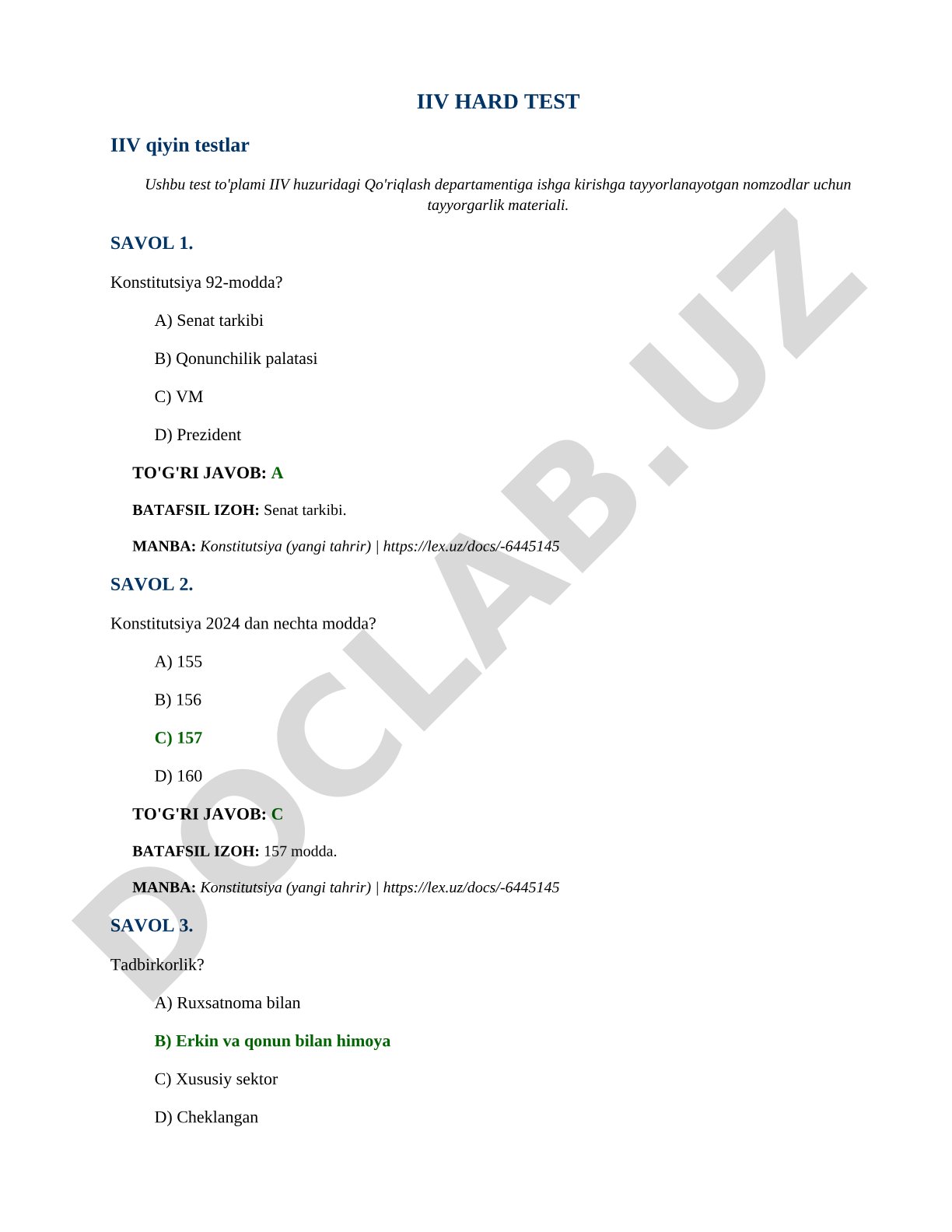IIV Qo'riqlash departamenti nomzodlari uchun Konstitutsiya testlari