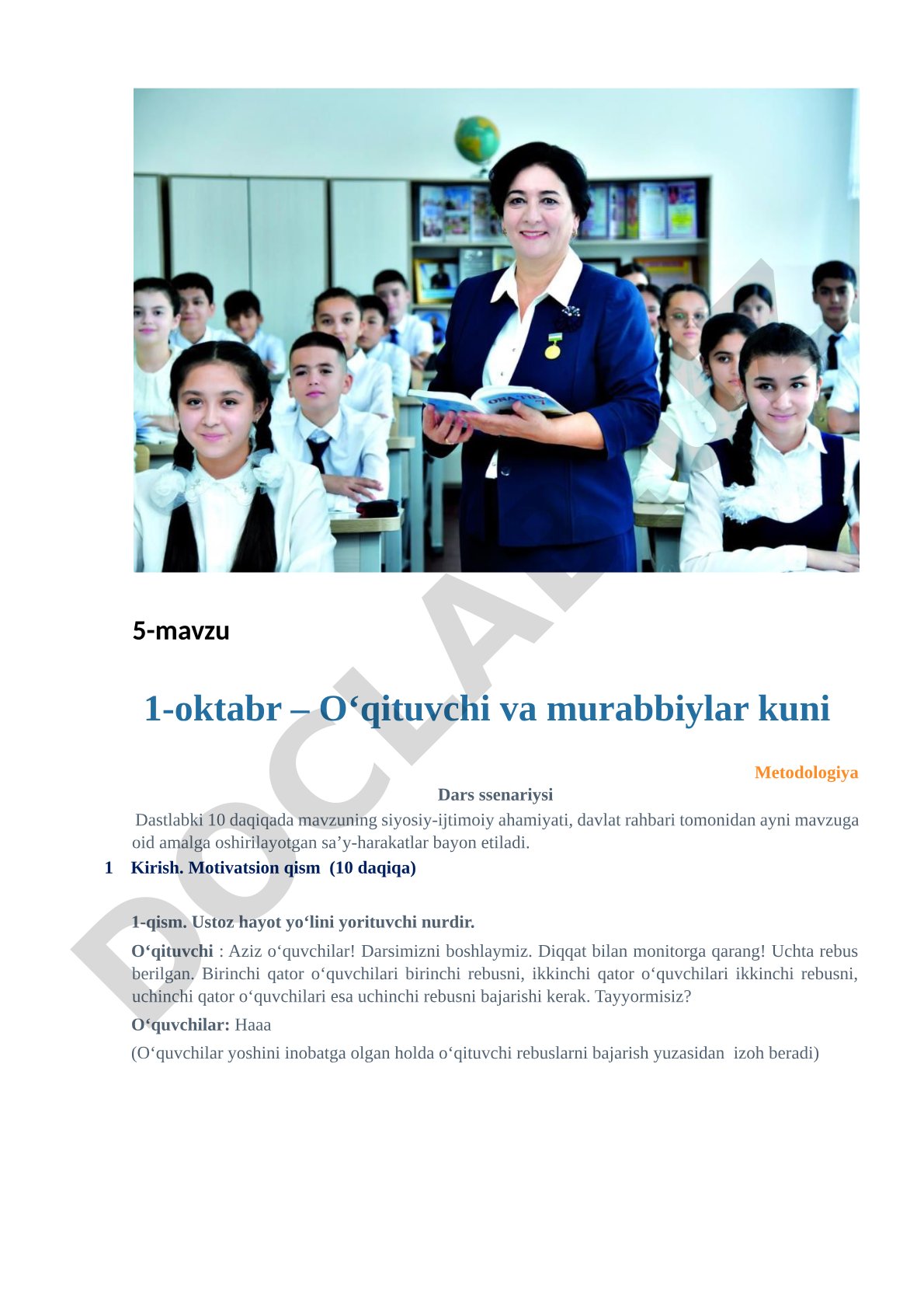 1-oktabr – O‘qituvchi va murabbiylar kuni dars ssenariysi