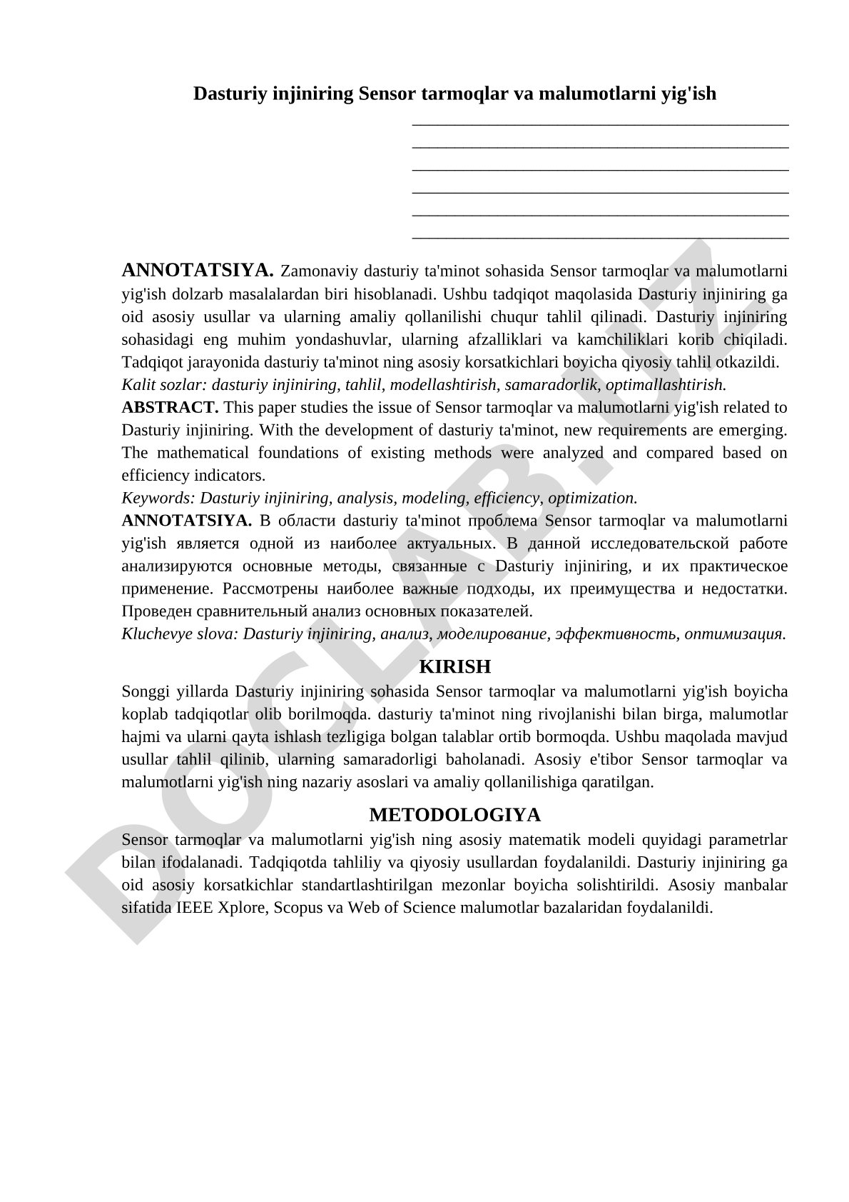 Dasturiy injiniring Sensor tarmoqlar va malumotlarni yig'ish