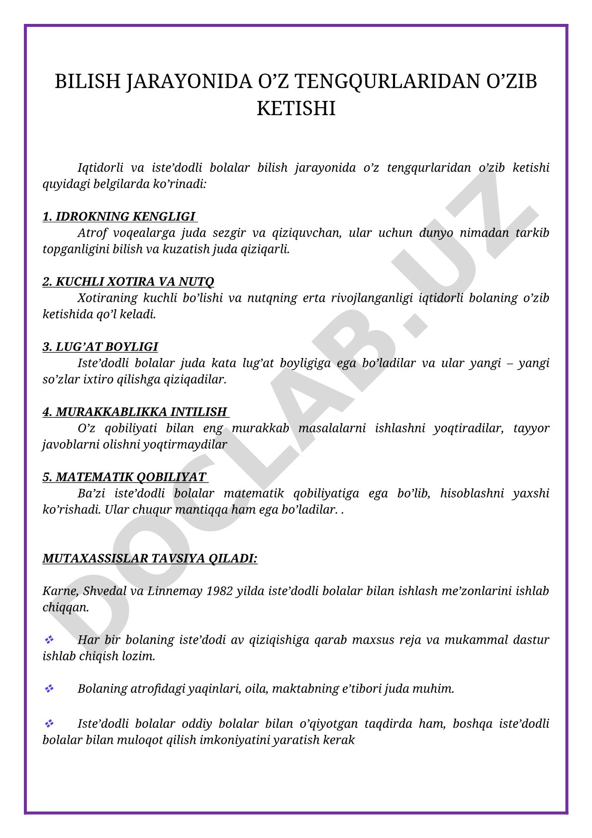 Bilish jarayonida o'z tengqurlaridan o'zib ketishi