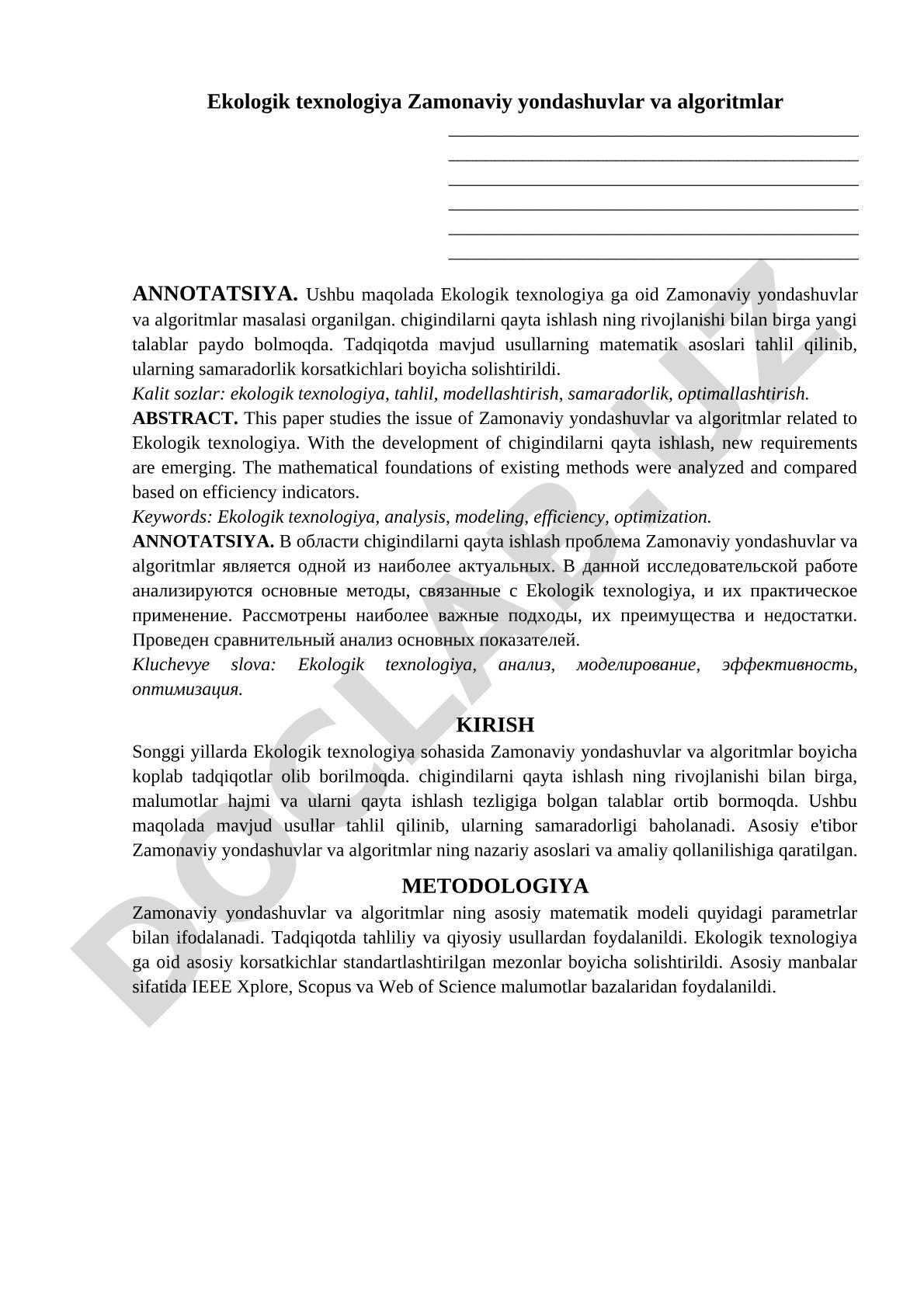 Ekologik texnologiya Zamonaviy yondashuvlar va algoritmlar