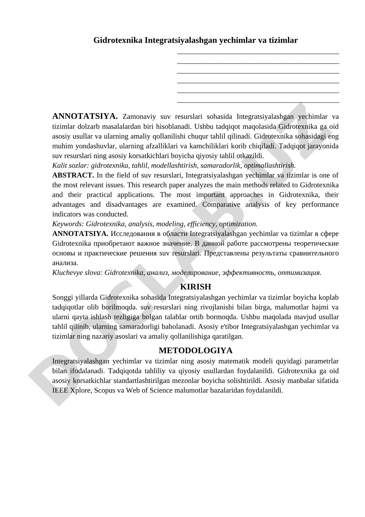 Gidrotexnika Integratsiyalashgan yechimlar va tizimlar
