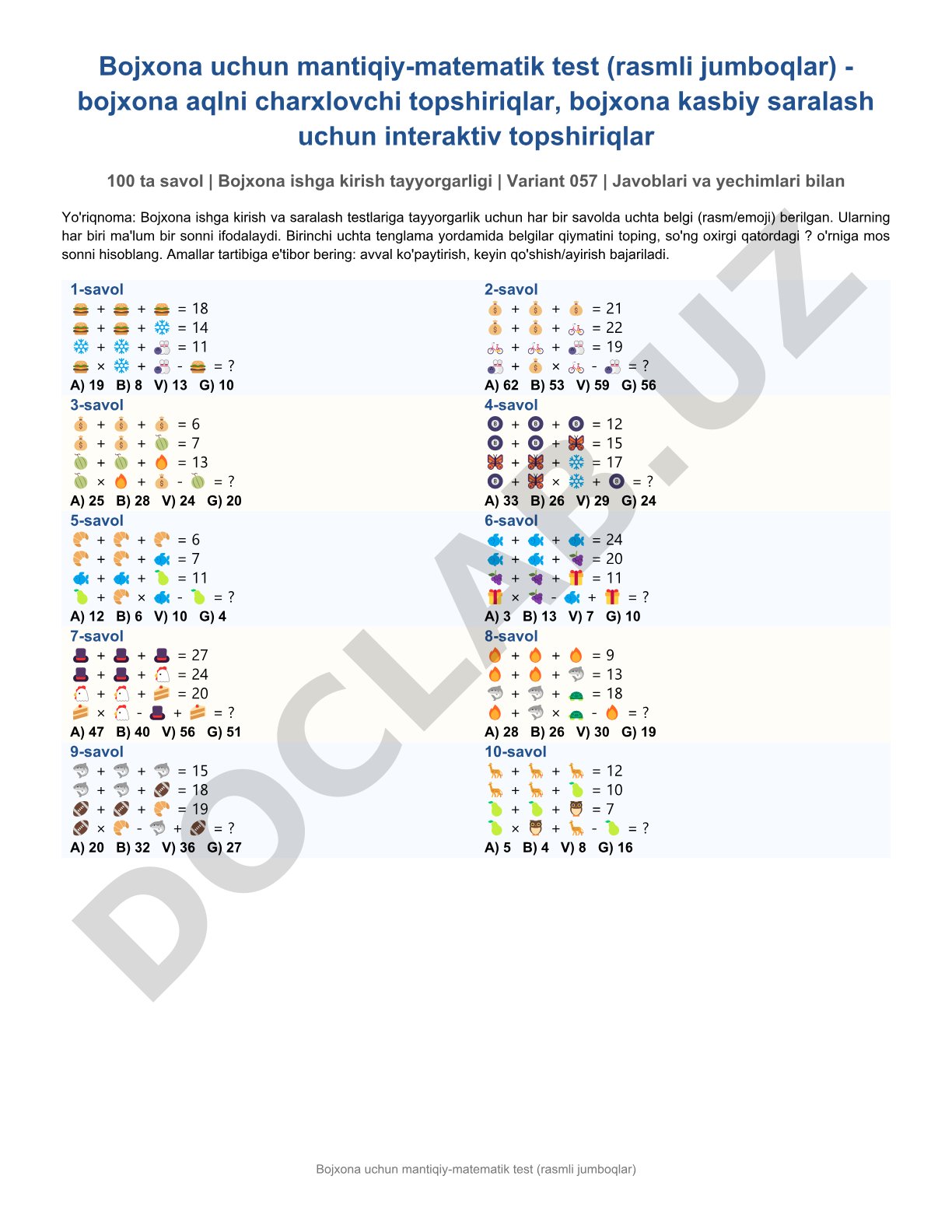 Bojxona uchun mantiqiy-matematik test (rasmli jumboqlar)