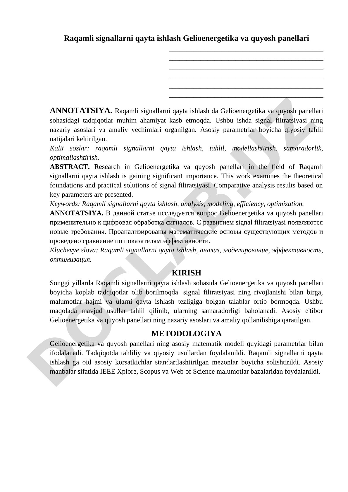 Raqamli signallarni qayta ishlash Gelioenergetika va quyosh panellari