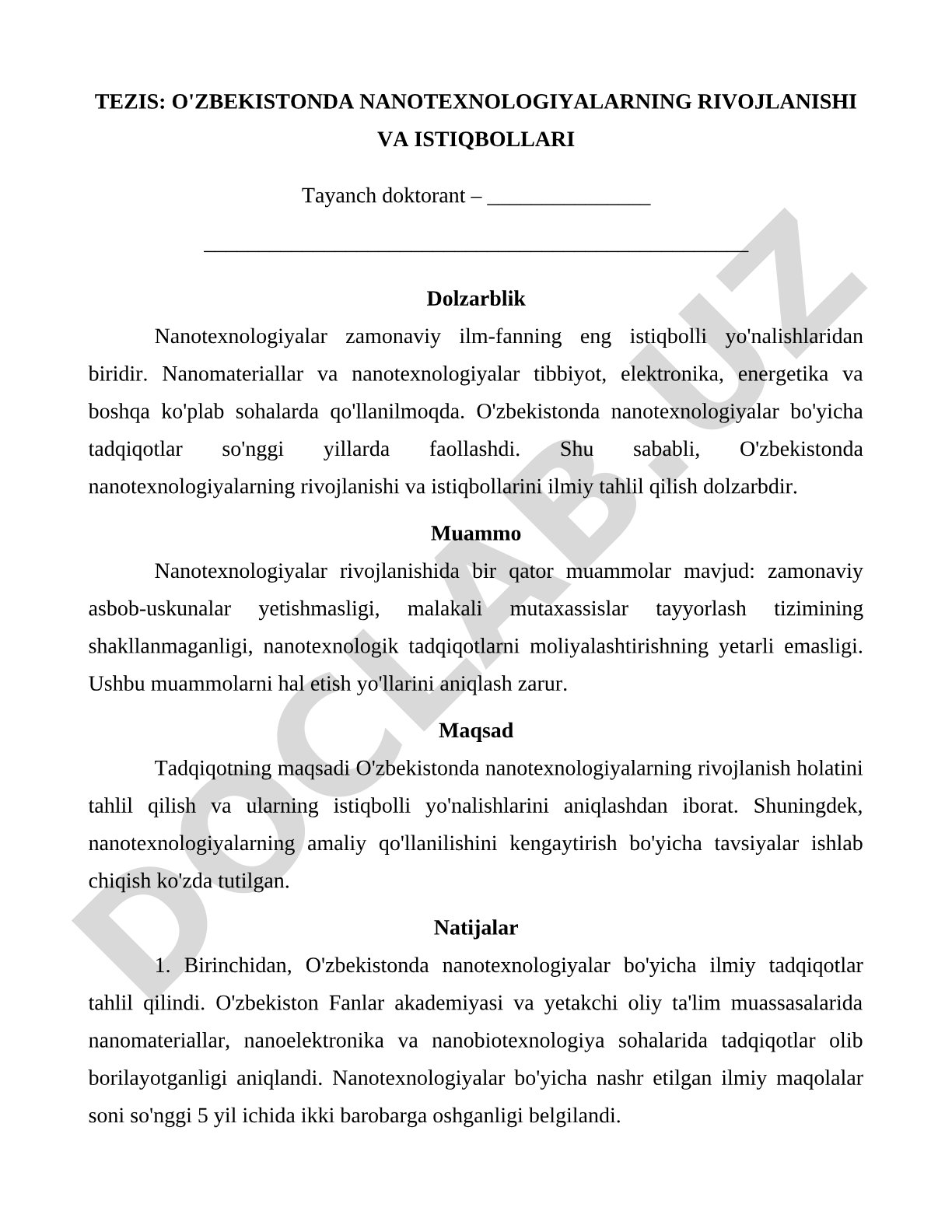 O'ZBEKISTONDA NANOTEXNOLOGIYALARNING RIVOJLANISHI VA ISTIQBOLLARI