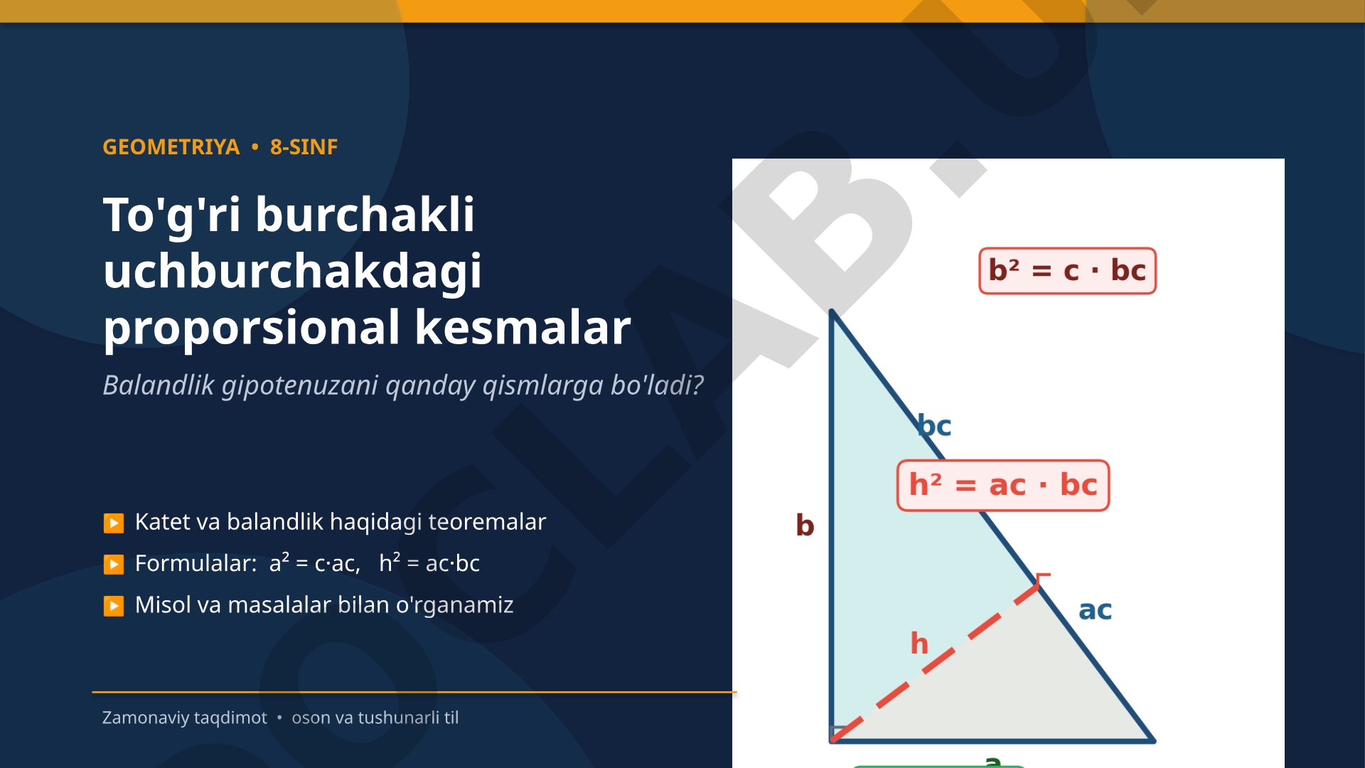 To'g'ri burchakli uchburchakdagi proporsional kesmalar