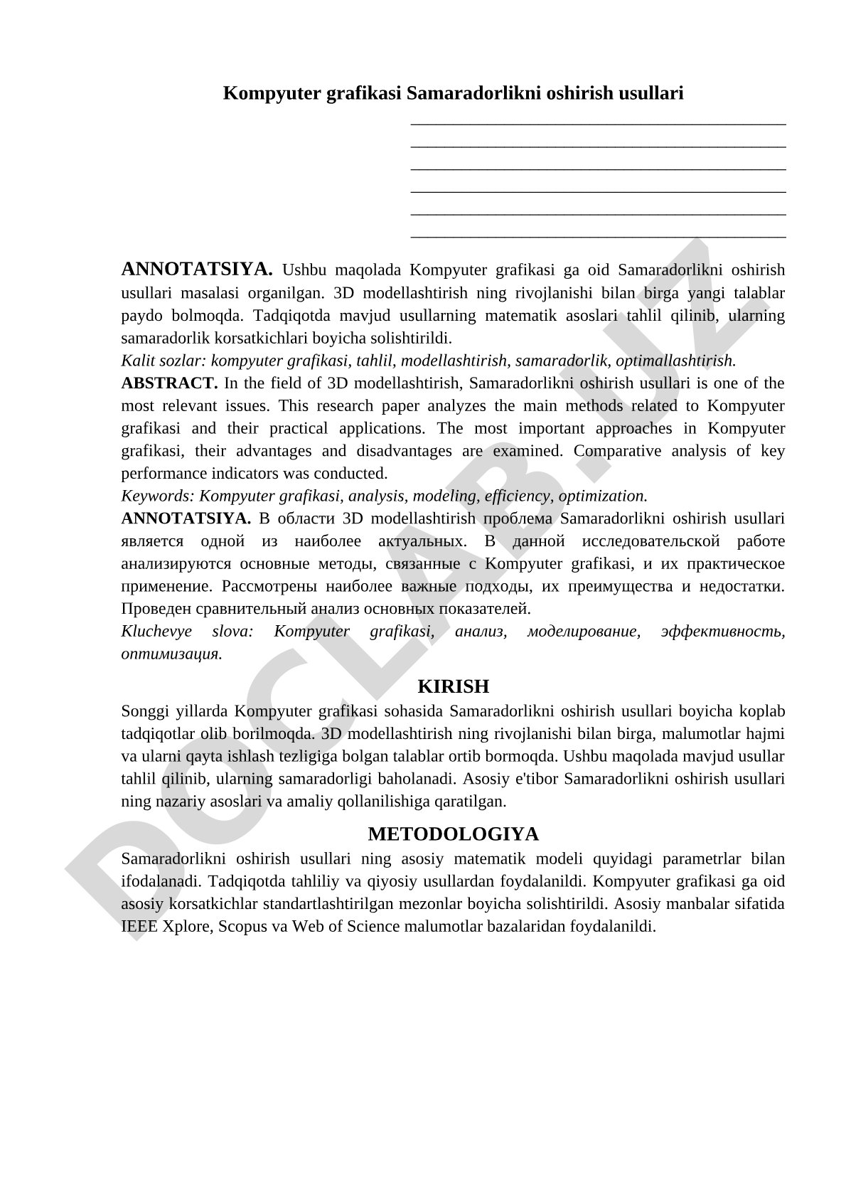 Kompyuter grafikasi samaradorlikni oshirish usullari