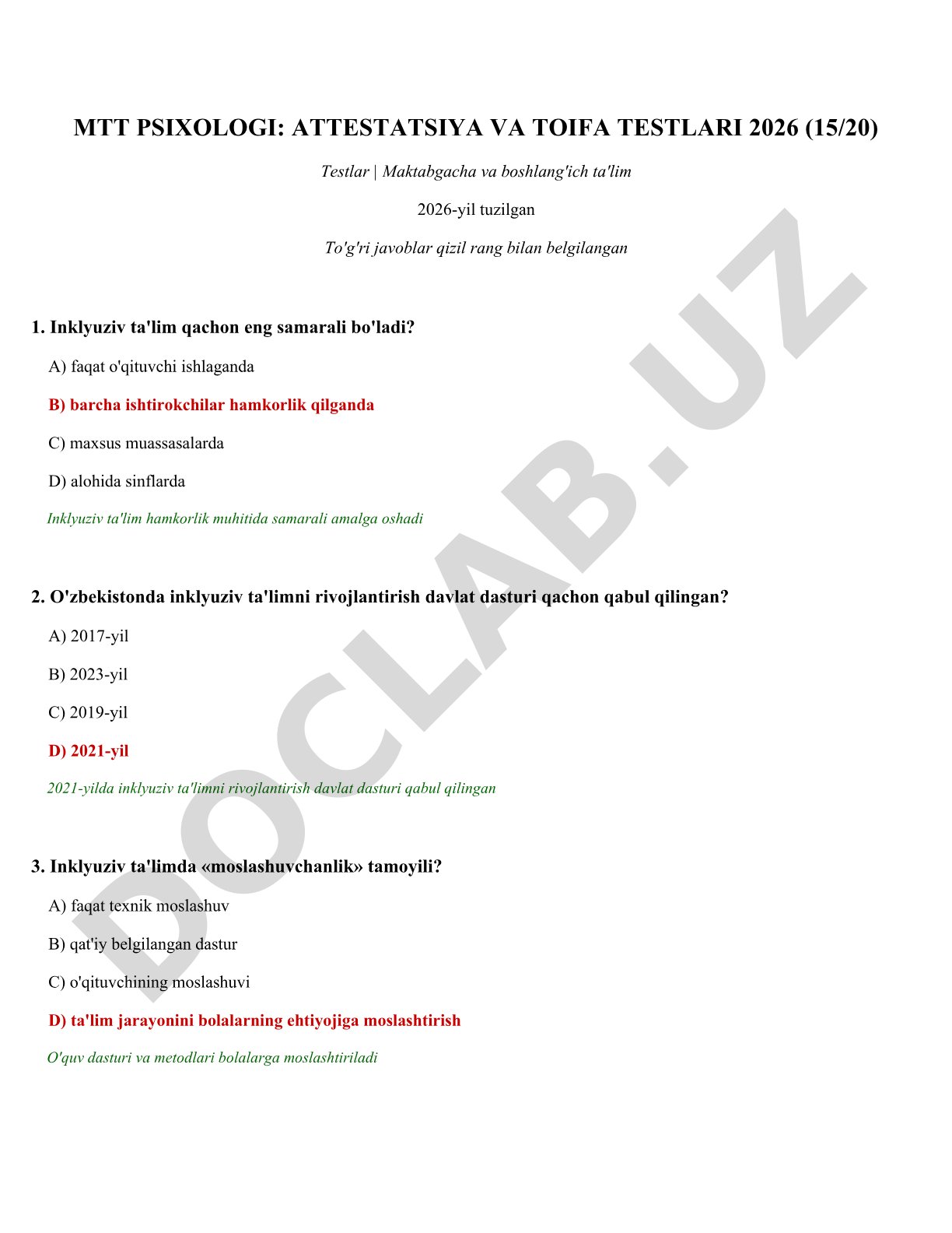 MTT psixologi attestatsiya va toifa testlari 2026