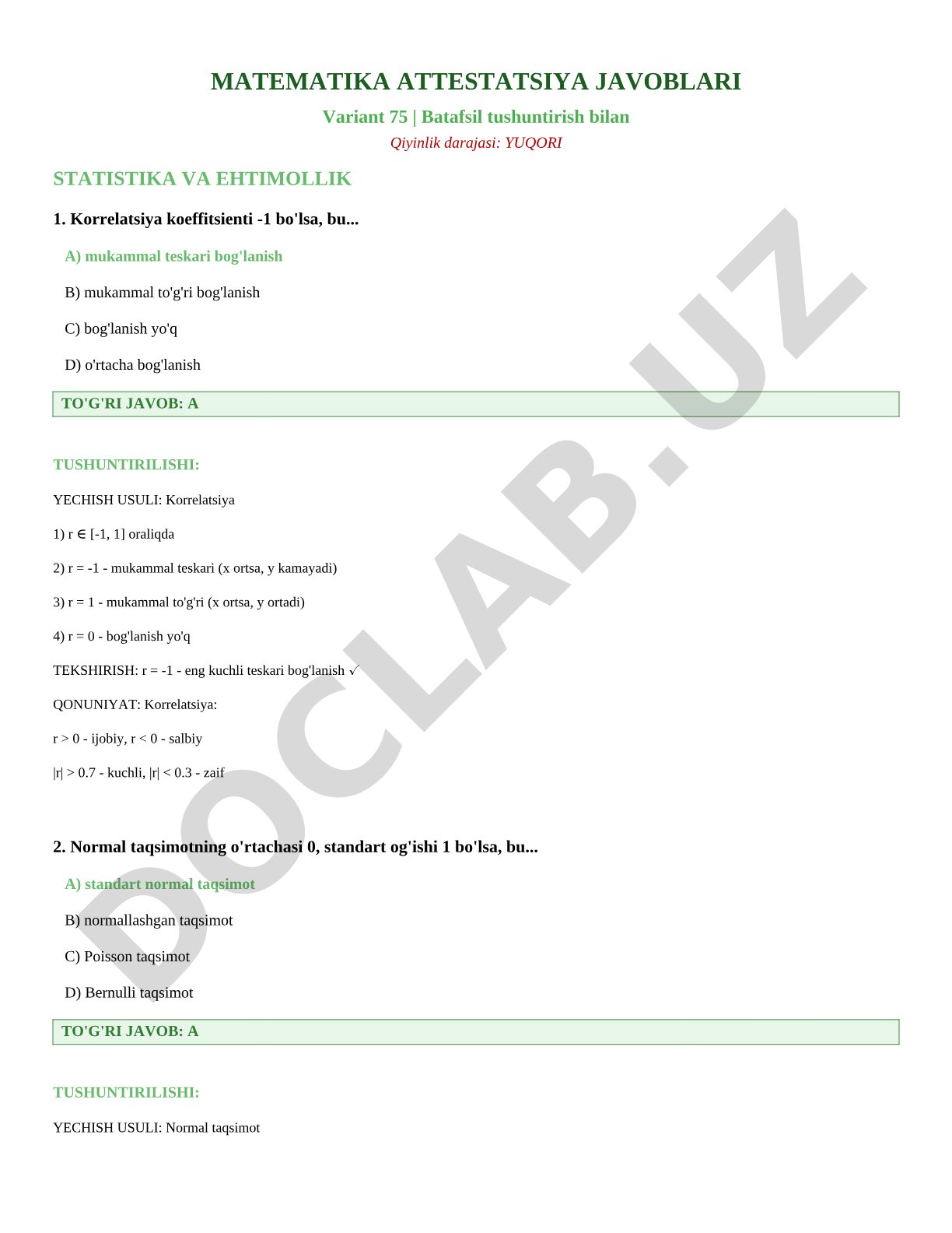 Matematika attestatsiya javoblari Variant 75