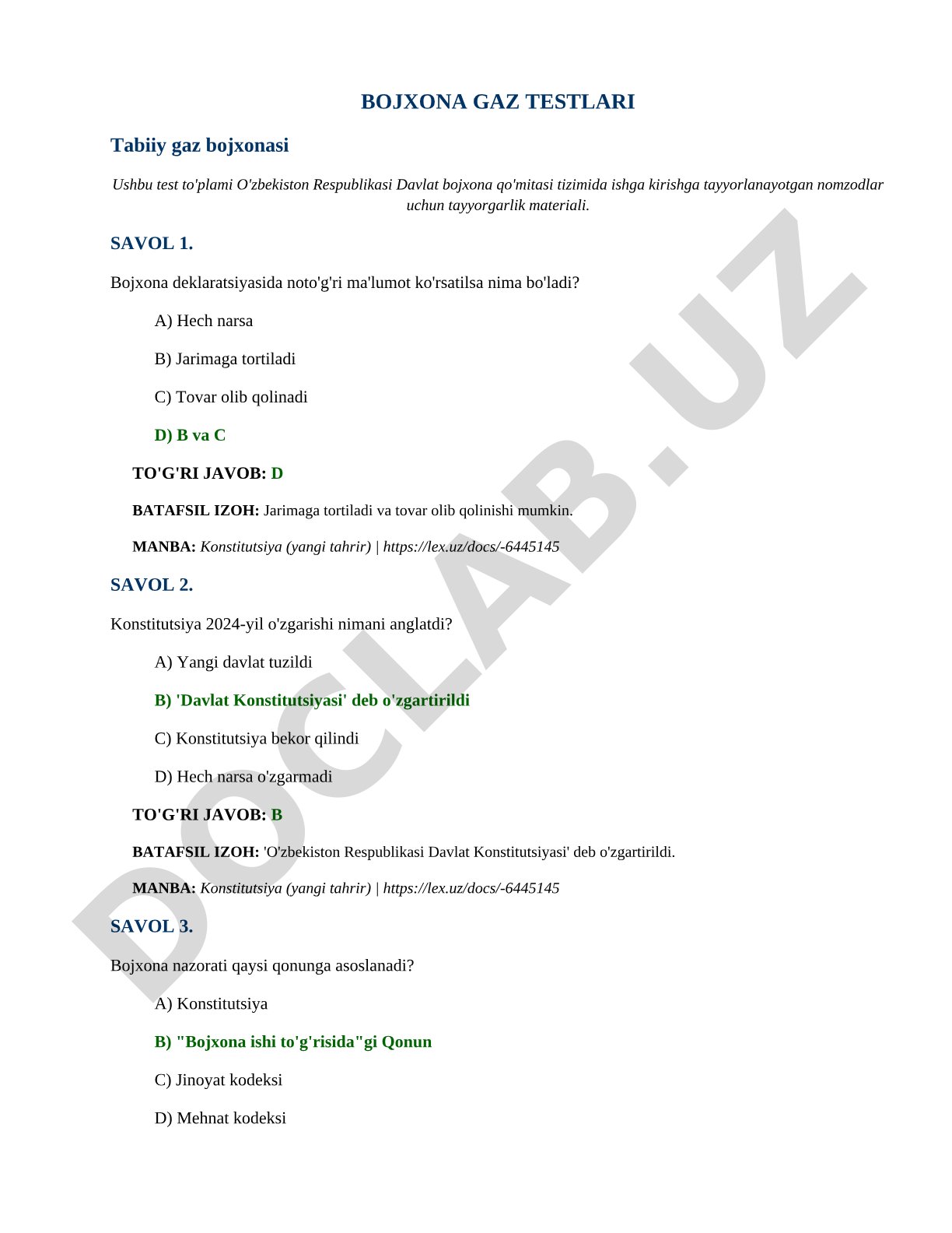 Bojxona ishi bo'yicha testlar to'plami