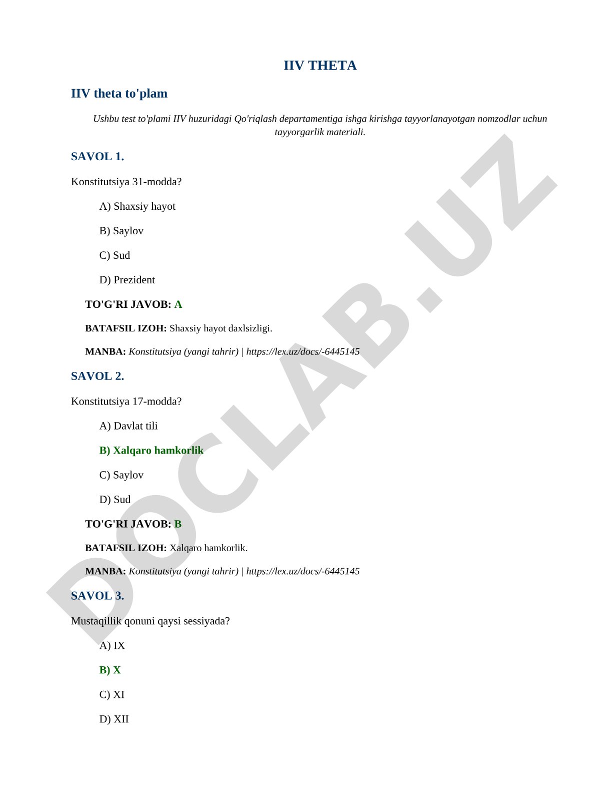 IIV Qo'riqlash departamenti uchun Konstitutsiya testlari