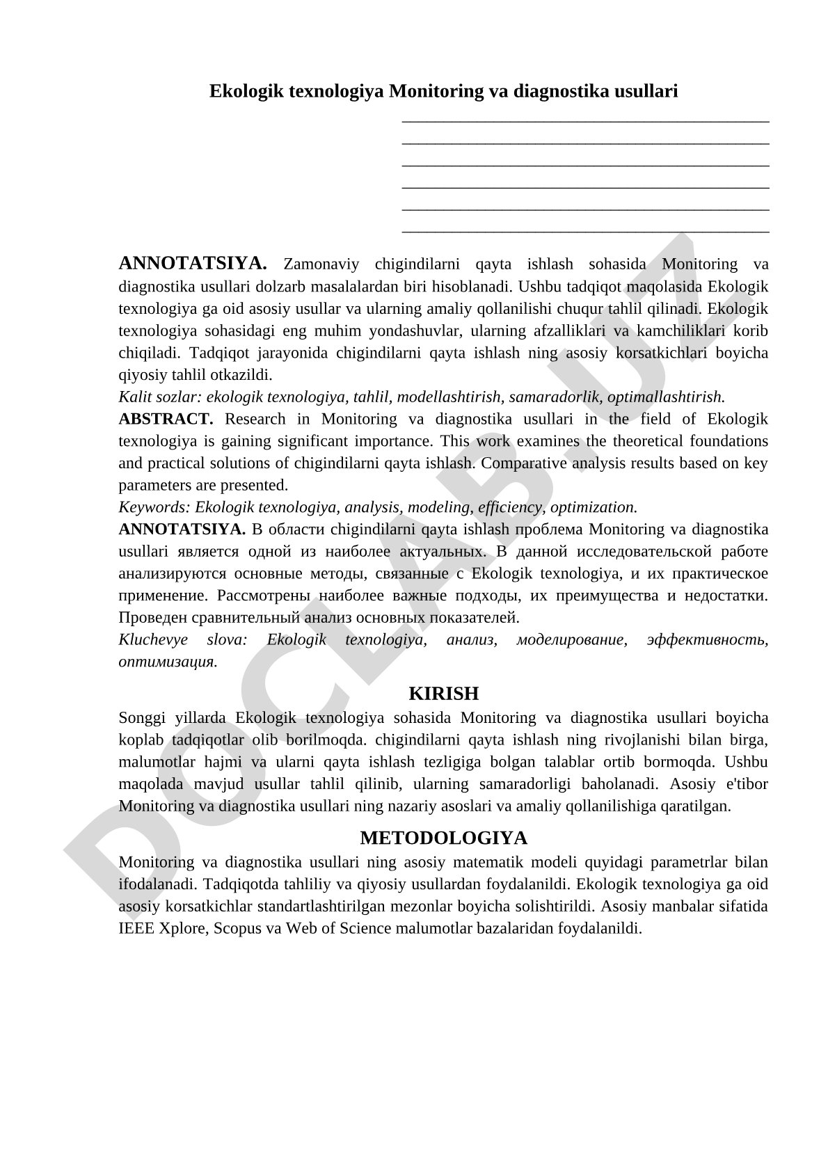 Ekologik texnologiya Monitoring va diagnostika usullari