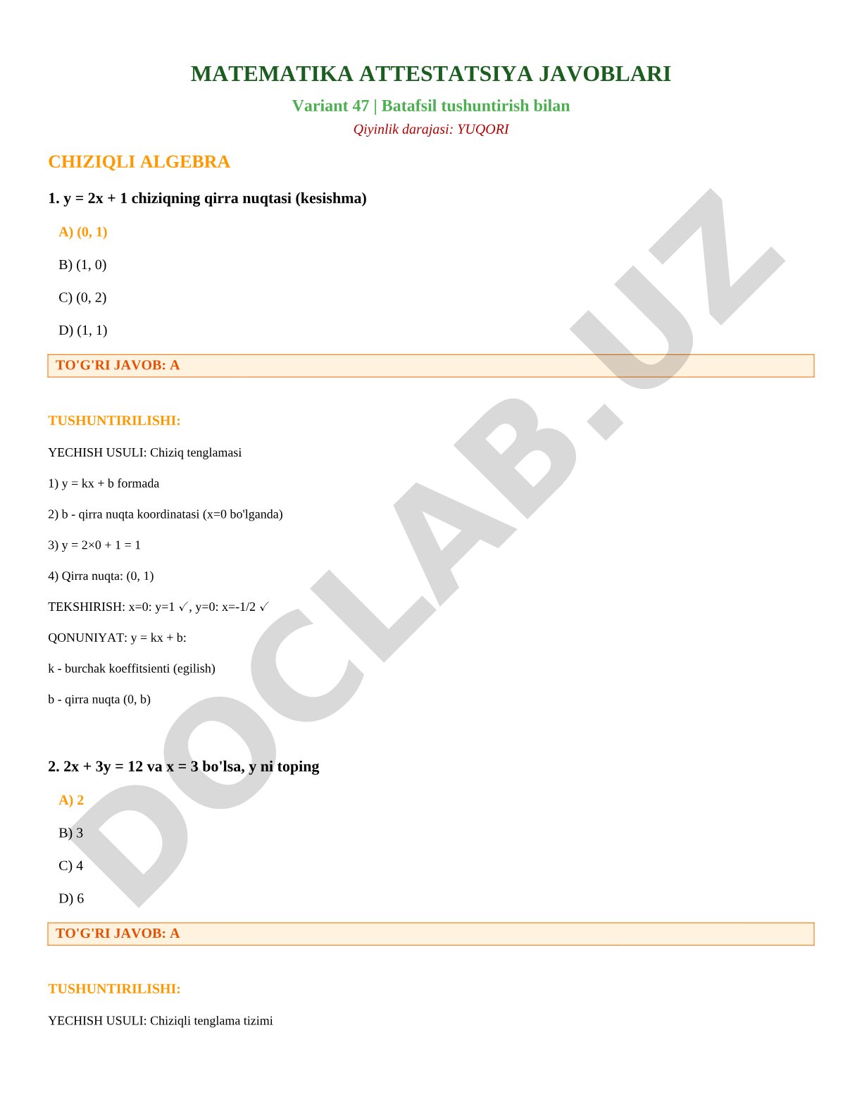 Matematika attestatsiya javoblari - Chiziqli algebra (Variant 47)