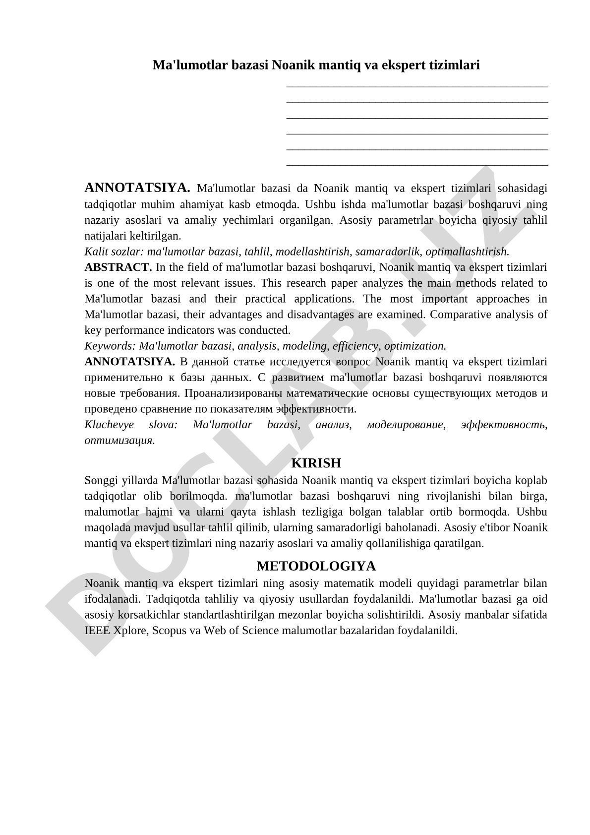 Ma'lumotlar bazasida Noanik mantiq va ekspert tizimlari tadqiqoti