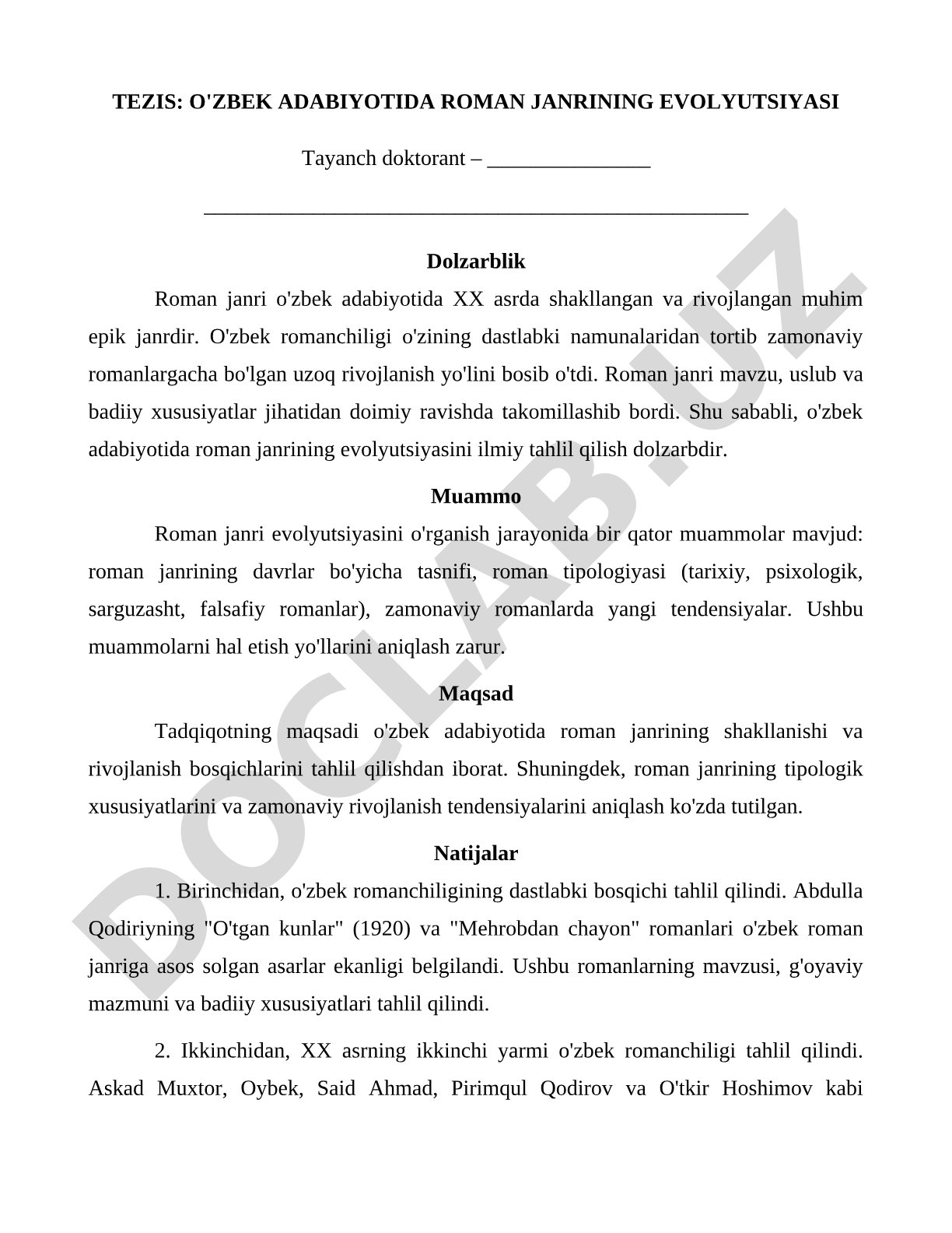 O'zbek adabiyotida roman janrining evolyutsiyasi