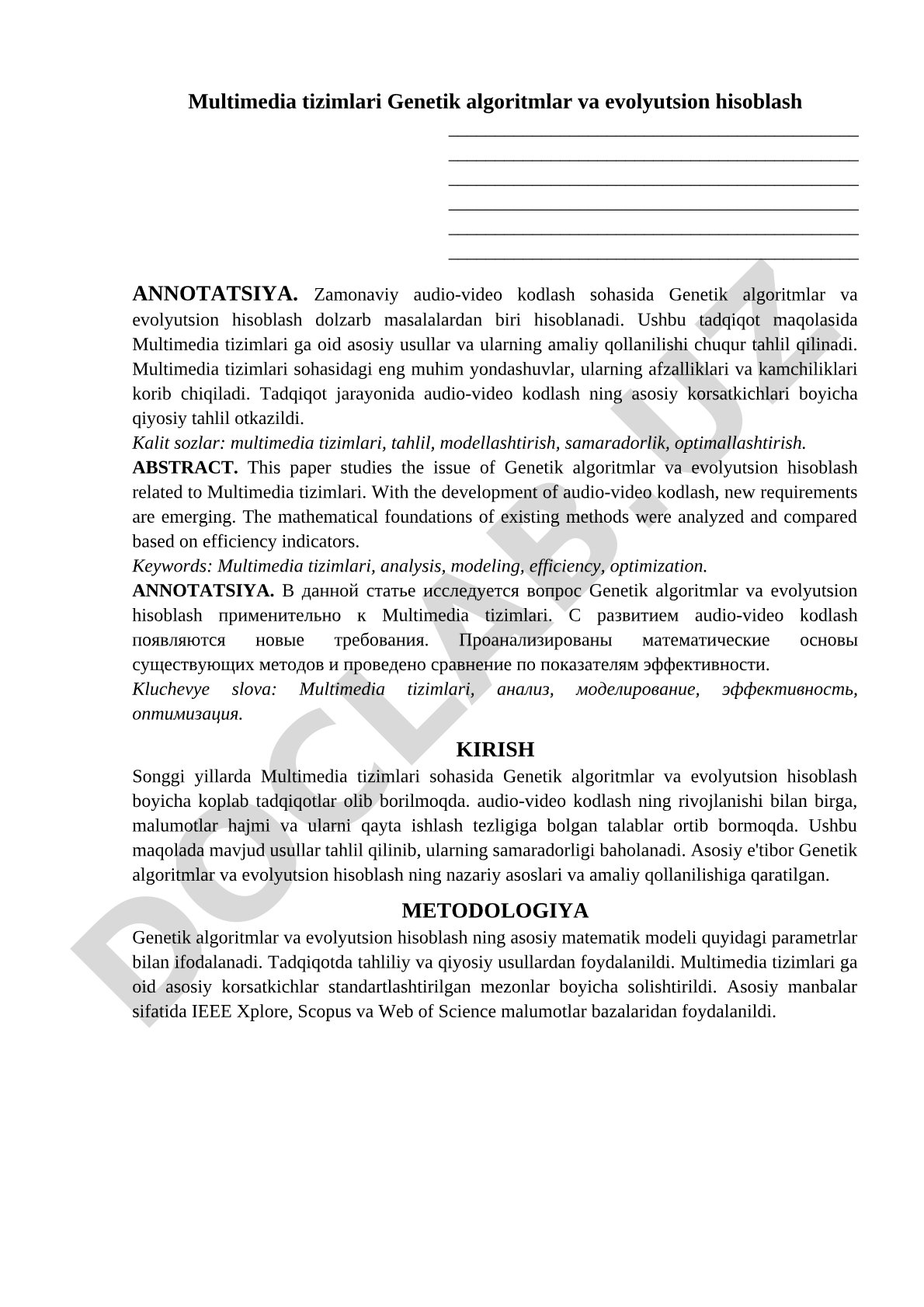 Multimedia tizimlarida genetik algoritmlar va evolyutsion hisoblash