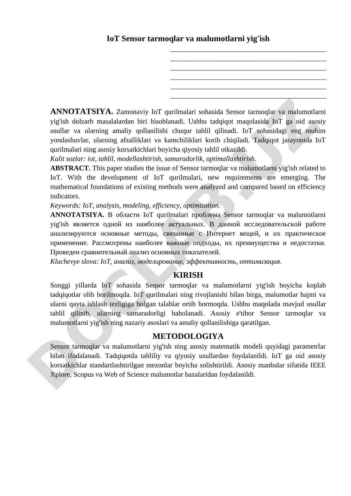 IoT Sensor tarmoqlar va malumotlarni yig'ish