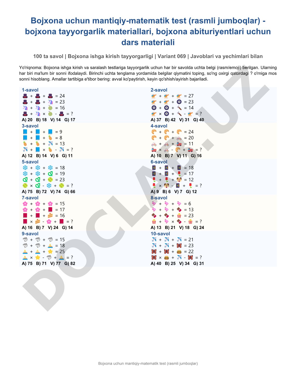 Bojxona uchun mantiqiy-matematik test (rasmli jumboqlar)