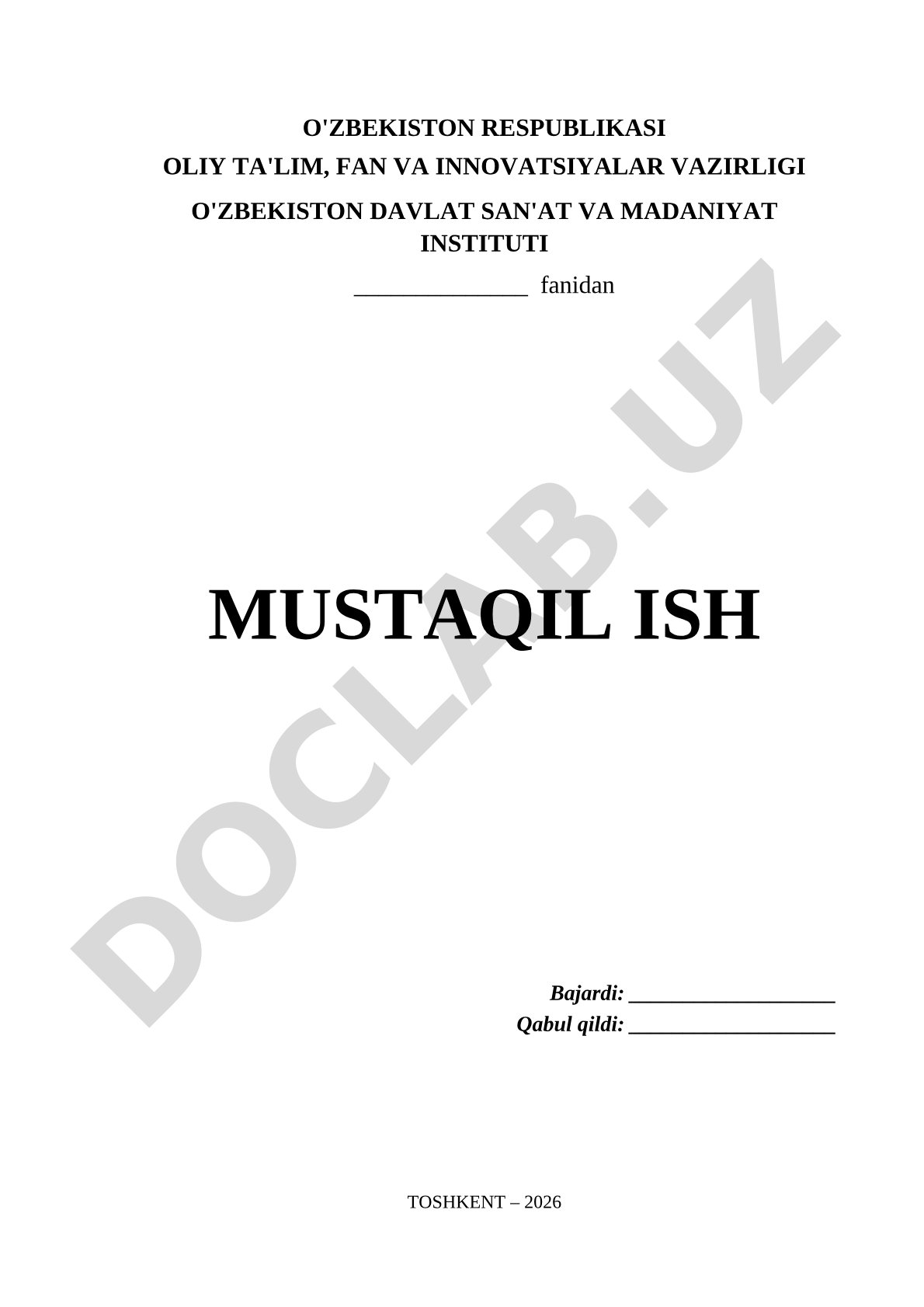 Mustaqil ish sarlavha sahifasi namunasi