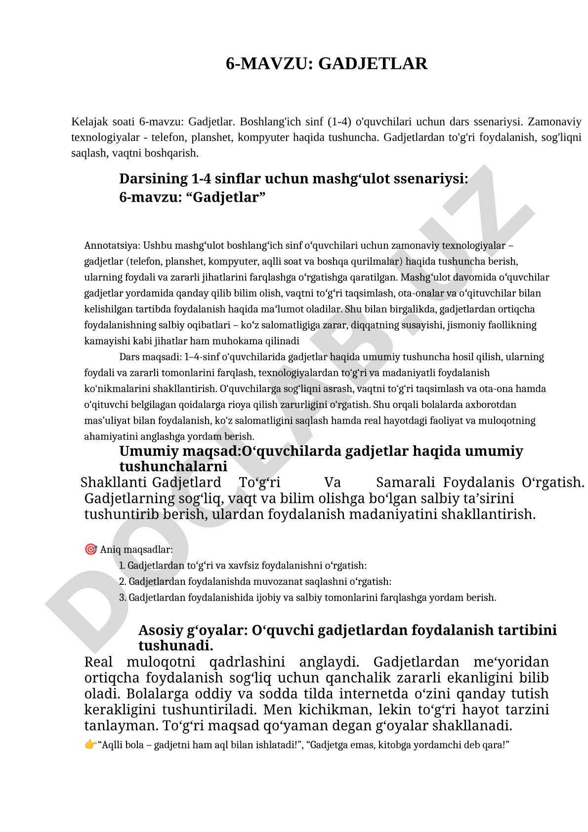 Gadjetlar (Boshlang'ich sinf o'quvchilari uchun dars ssenariysi)