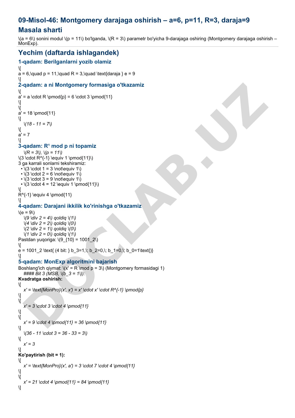 Montgomery darajaga oshirish – a=6, p=11, R=3, daraja=9