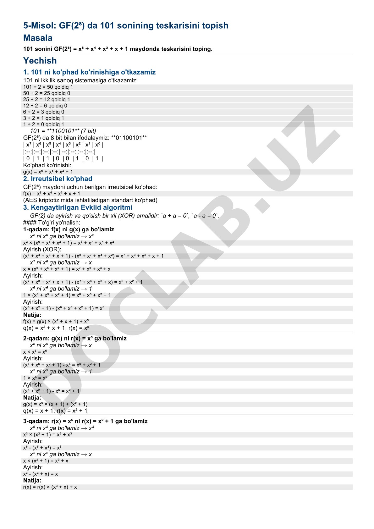 GF(2⁸) da 101 sonining teskarisini topish
