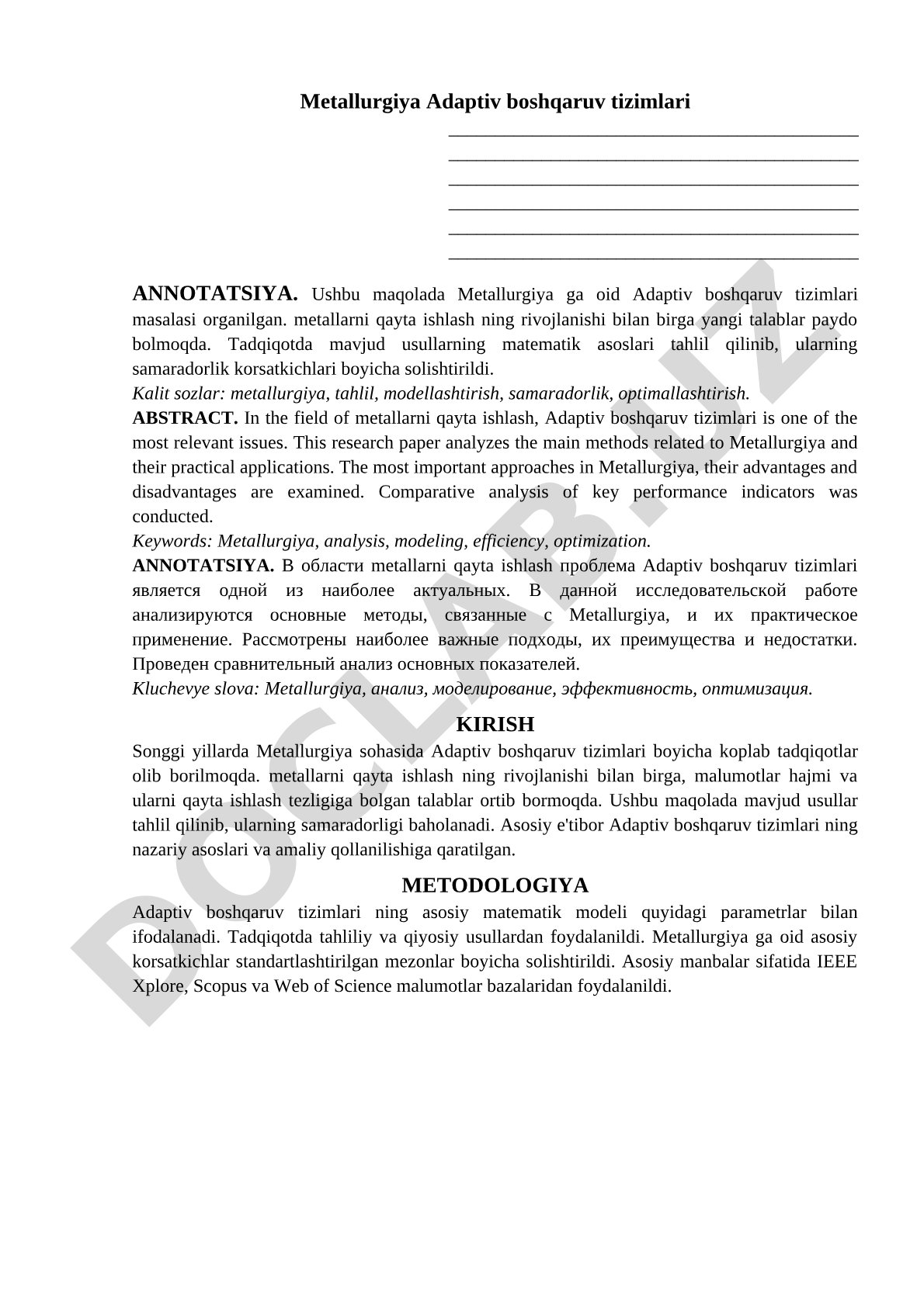 Metallurgiyada adaptiv boshqaruv tizimlari