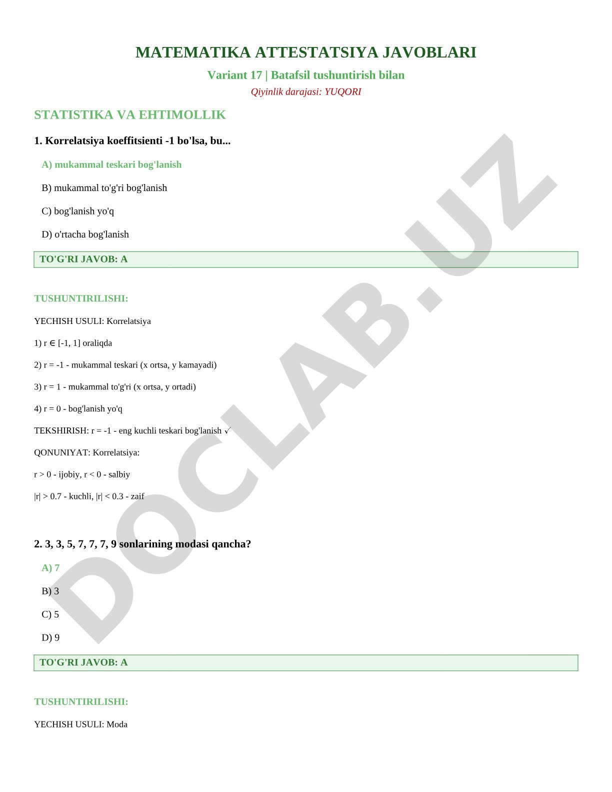 Matematika attestatsiya javoblari variant 17: statistika va ehtimollik
