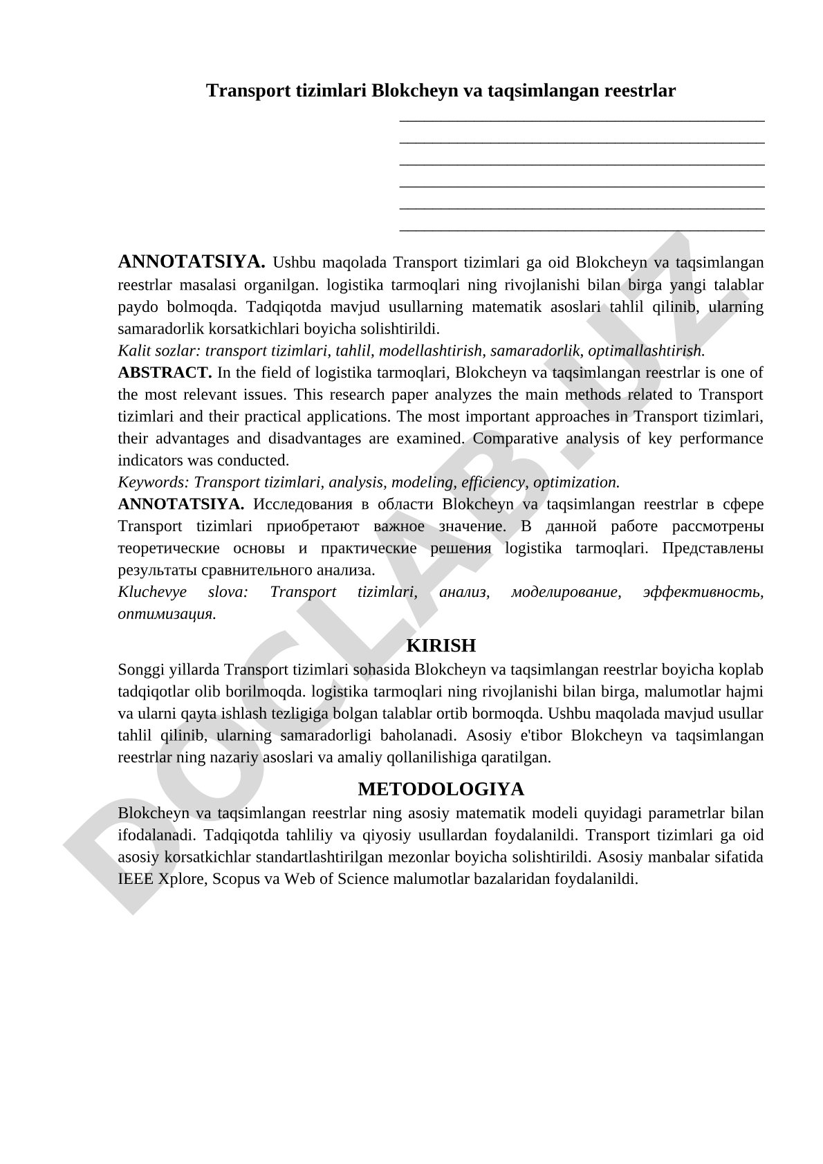 Transport tizimlarida blokcheyn va taqsimlangan reestrlar