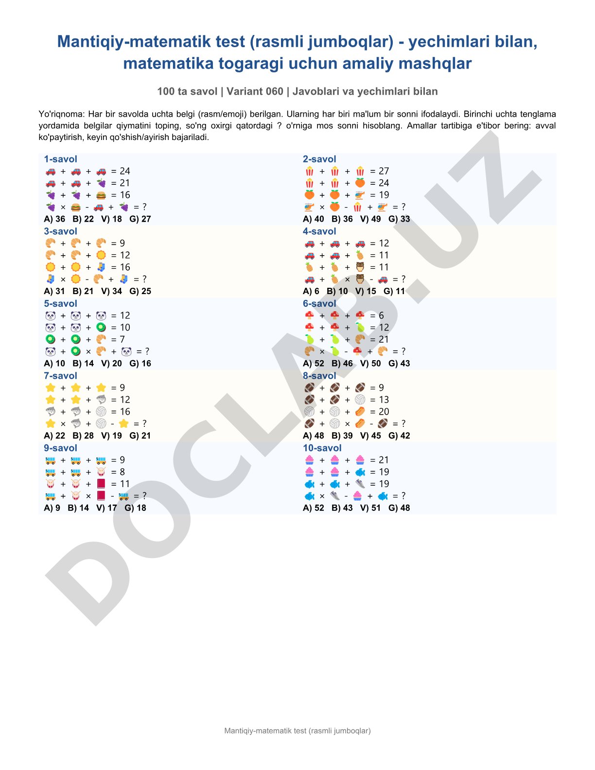 Mantiqiy-matematik test (rasmli jumboqlar)