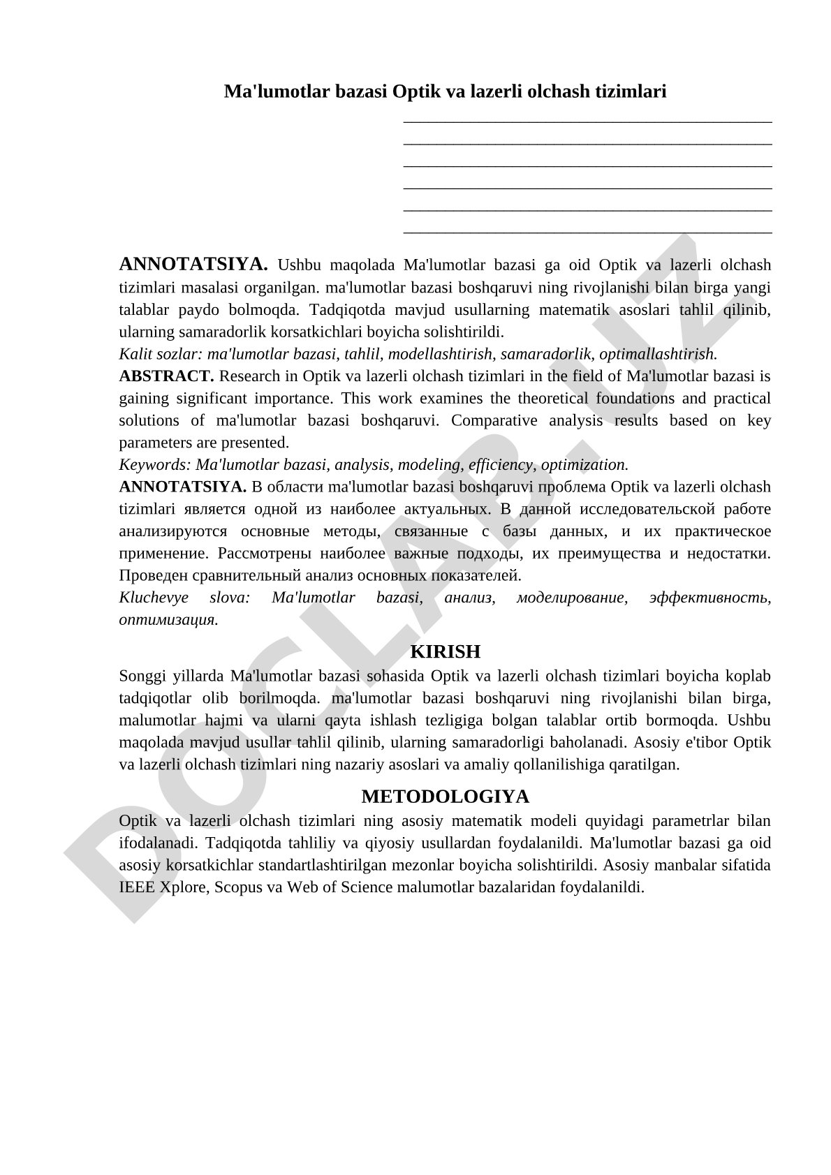 Ma'lumotlar bazasi Optik va lazerli olchash tizimlari