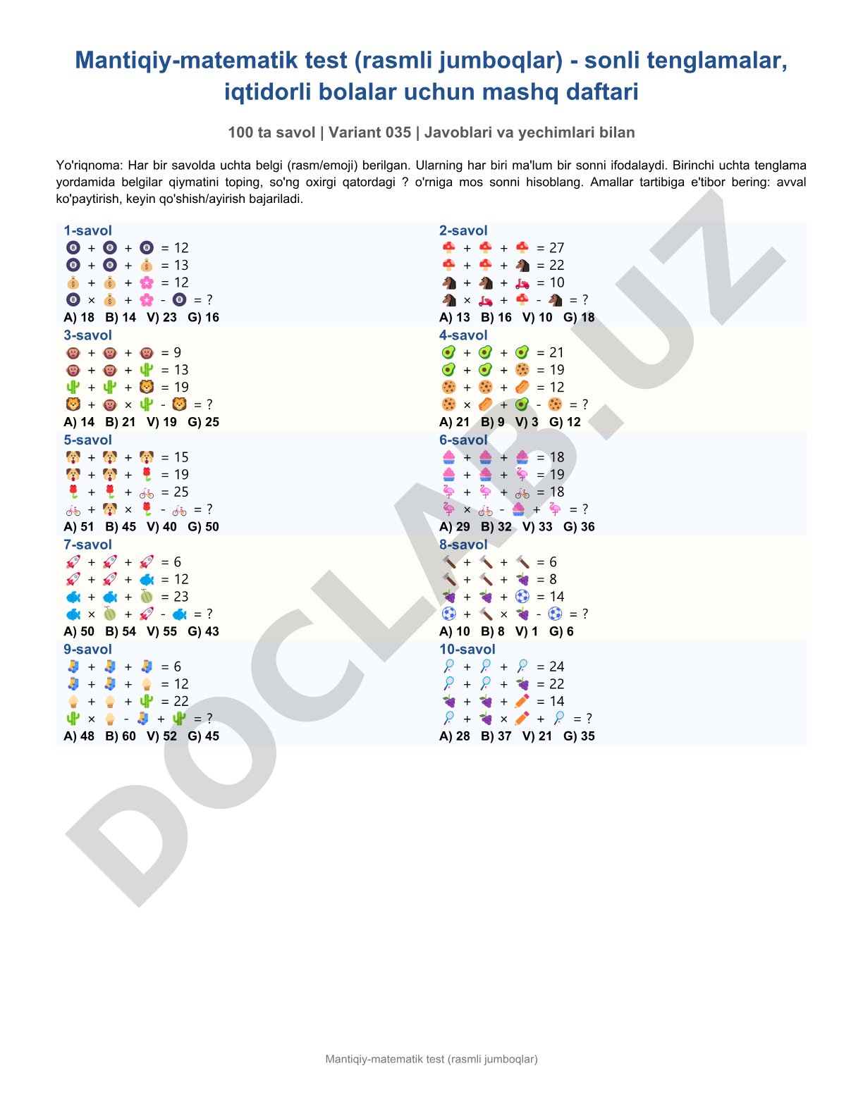 Mantiqiy-matematik test (rasmli jumboqlar) - sonli tenglamalar