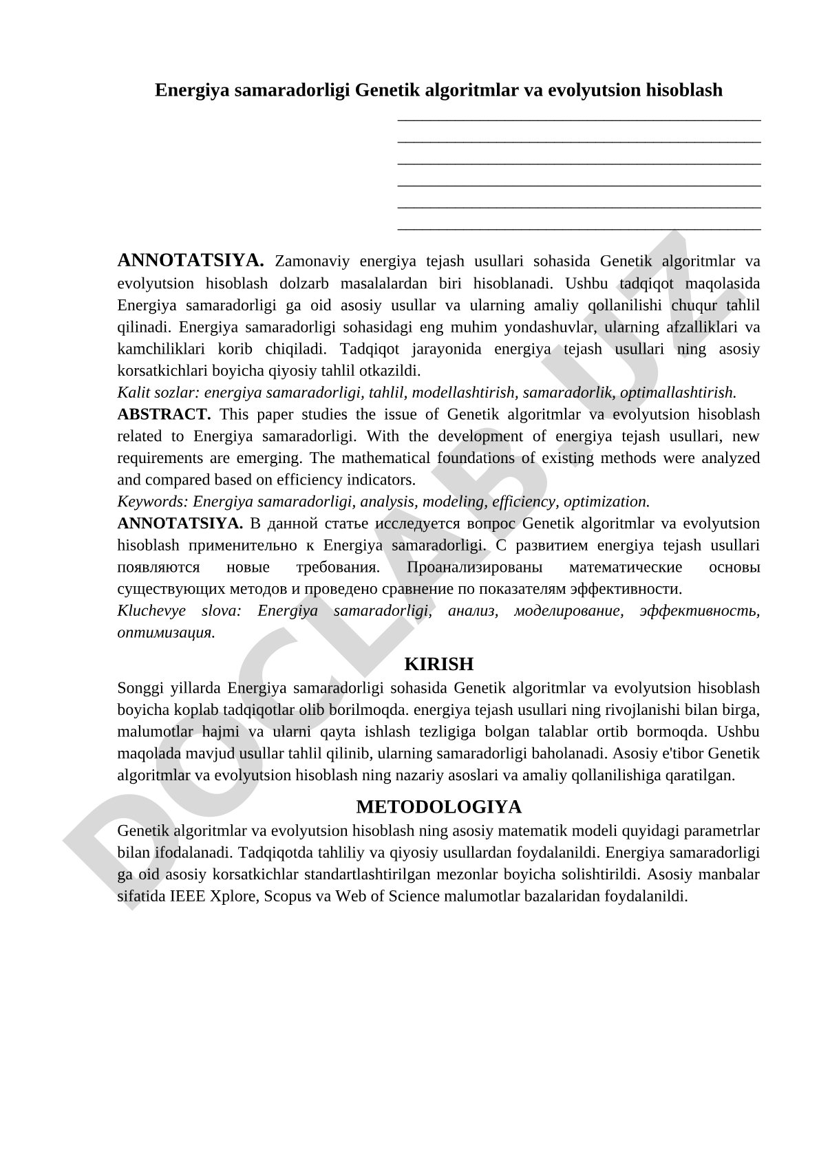 Energiya samaradorligi Genetik algoritmlar va evolyutsion hisoblash