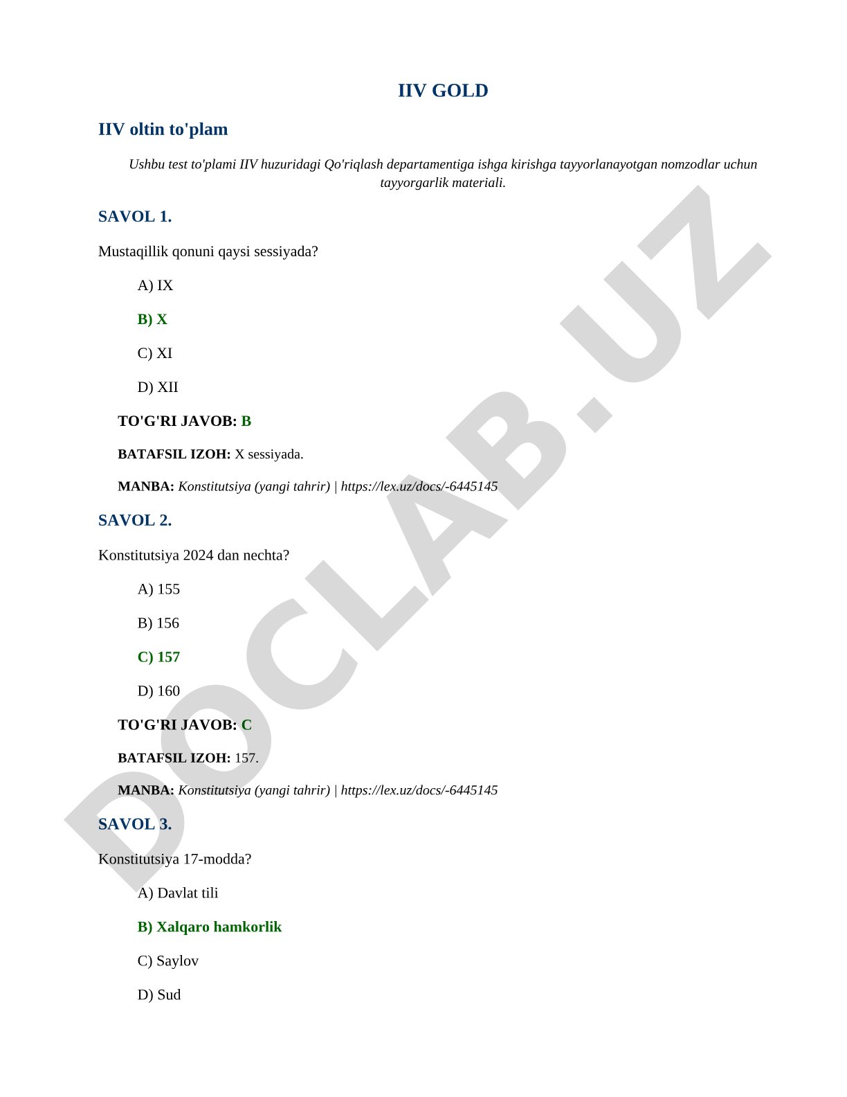 IIV Qo'riqlash departamentiga kirish testlari